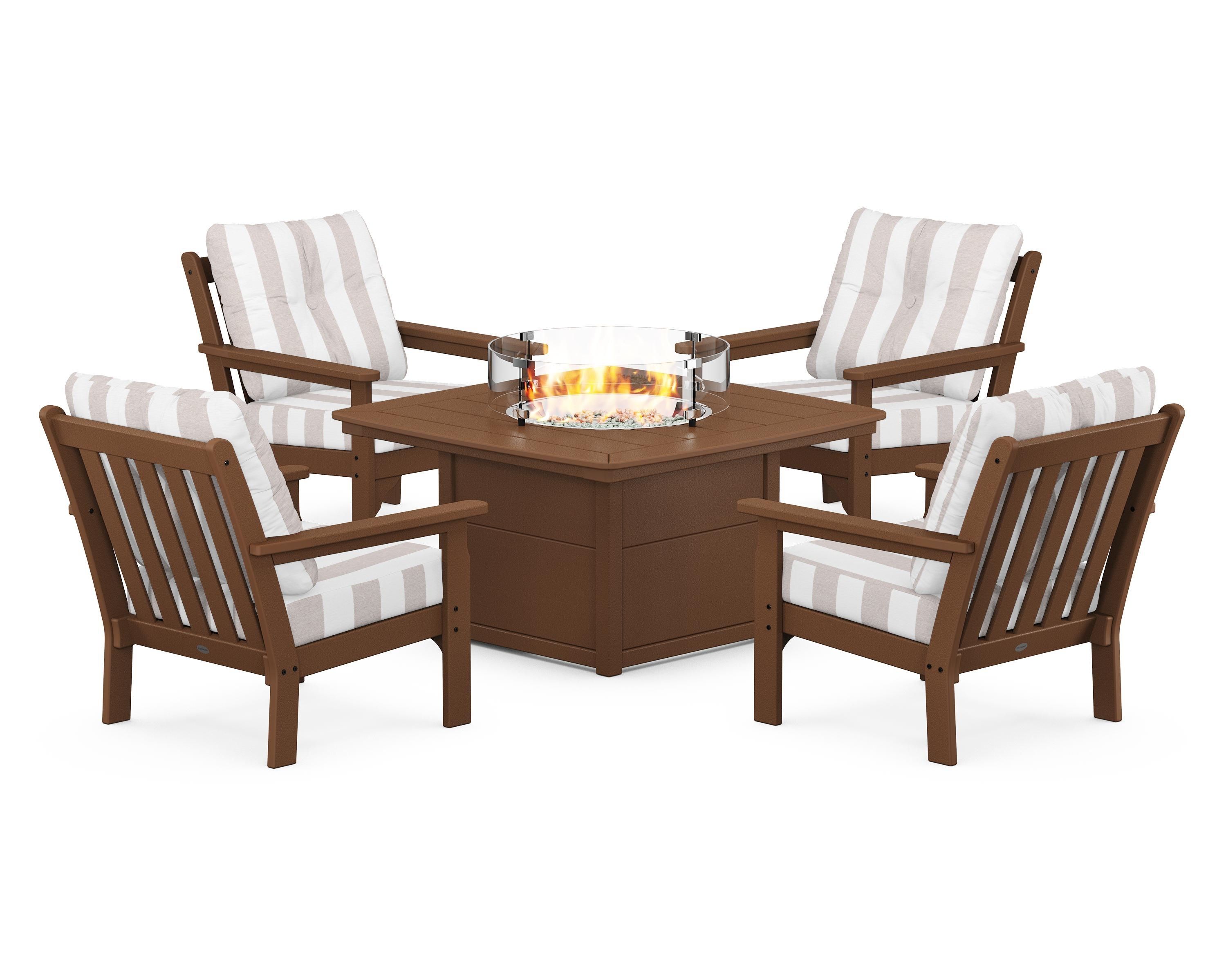 POLYWOOD® Vineyard 5-Piece Conversation Set with Fire Pit Table in Teak / Cabana Stripe Dune Burlap