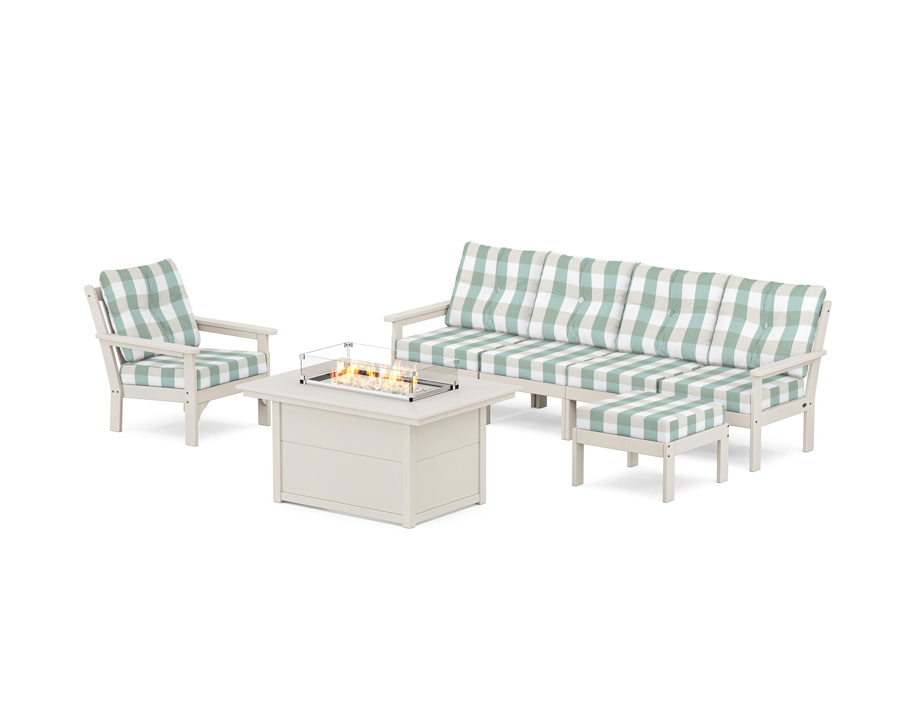 POLYWOOD® Vineyard Sectional Lounge and Fire Pit Set in Sand / Buffalo Plaid Glacier Spa