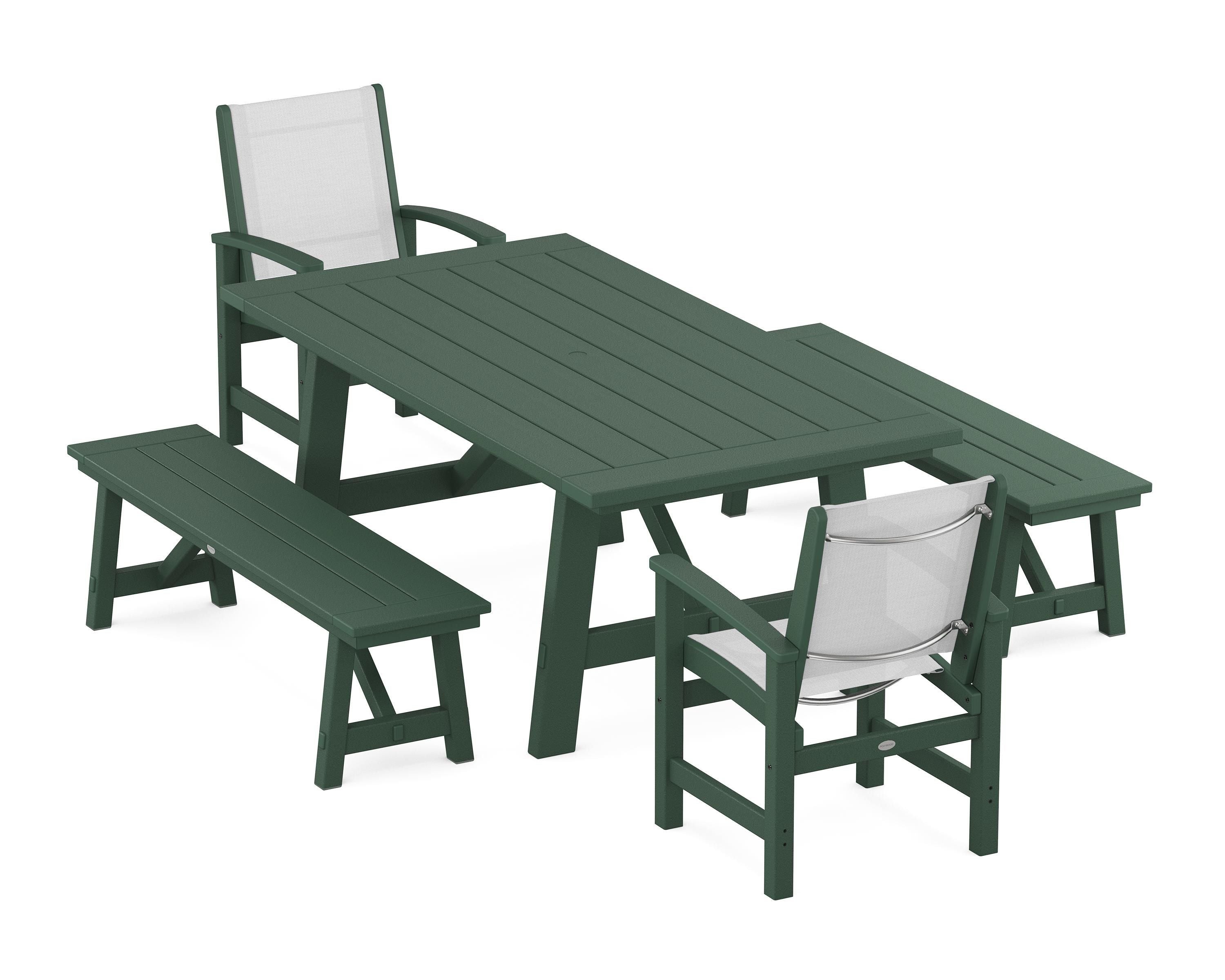 POLYWOOD® Coastal 5-Piece Rustic Farmhouse Dining Set With Benches in Green / White Sling