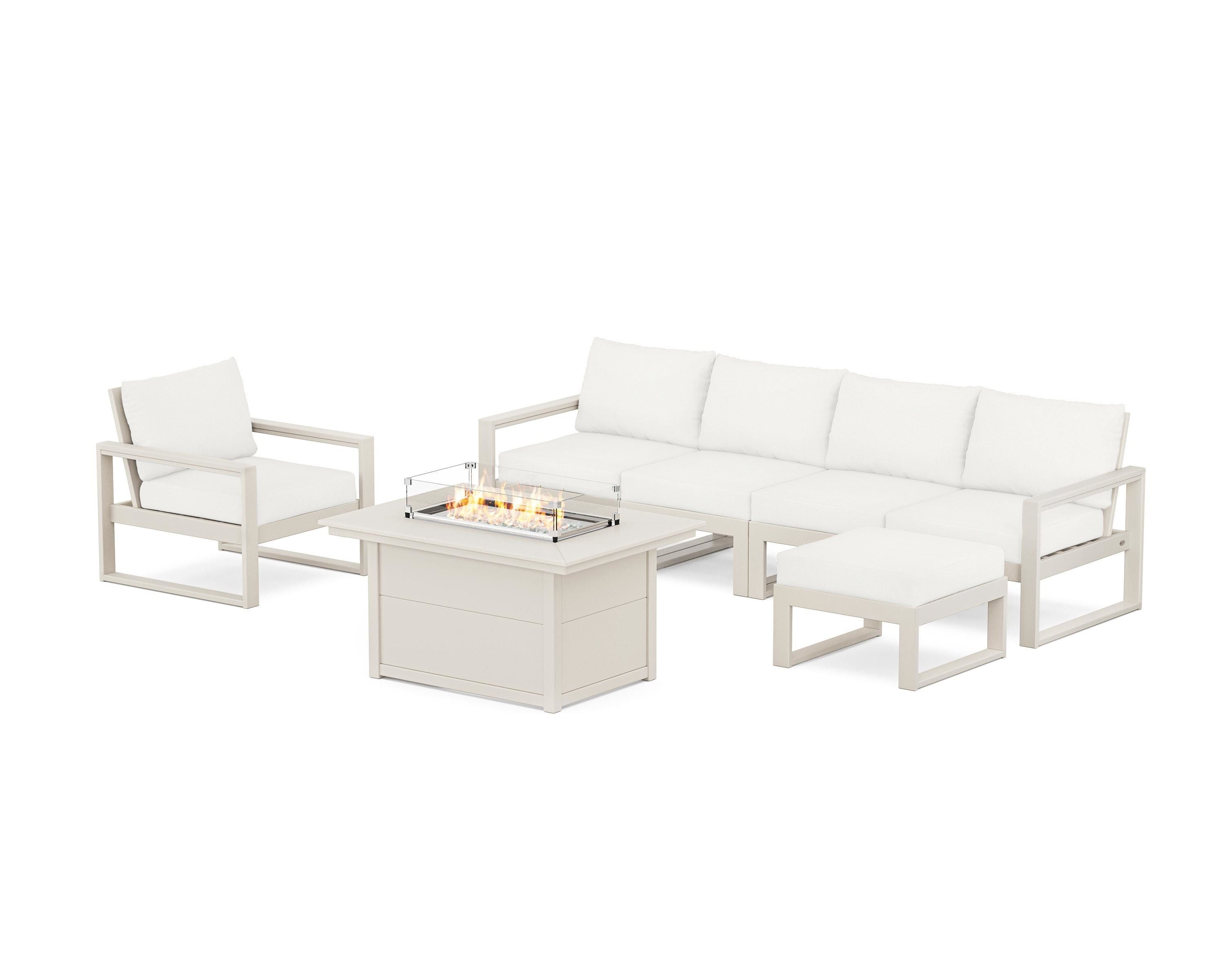 POLYWOOD® EDGE Sectional Lounge and Fire Pit Set in Sand / Natural Linen