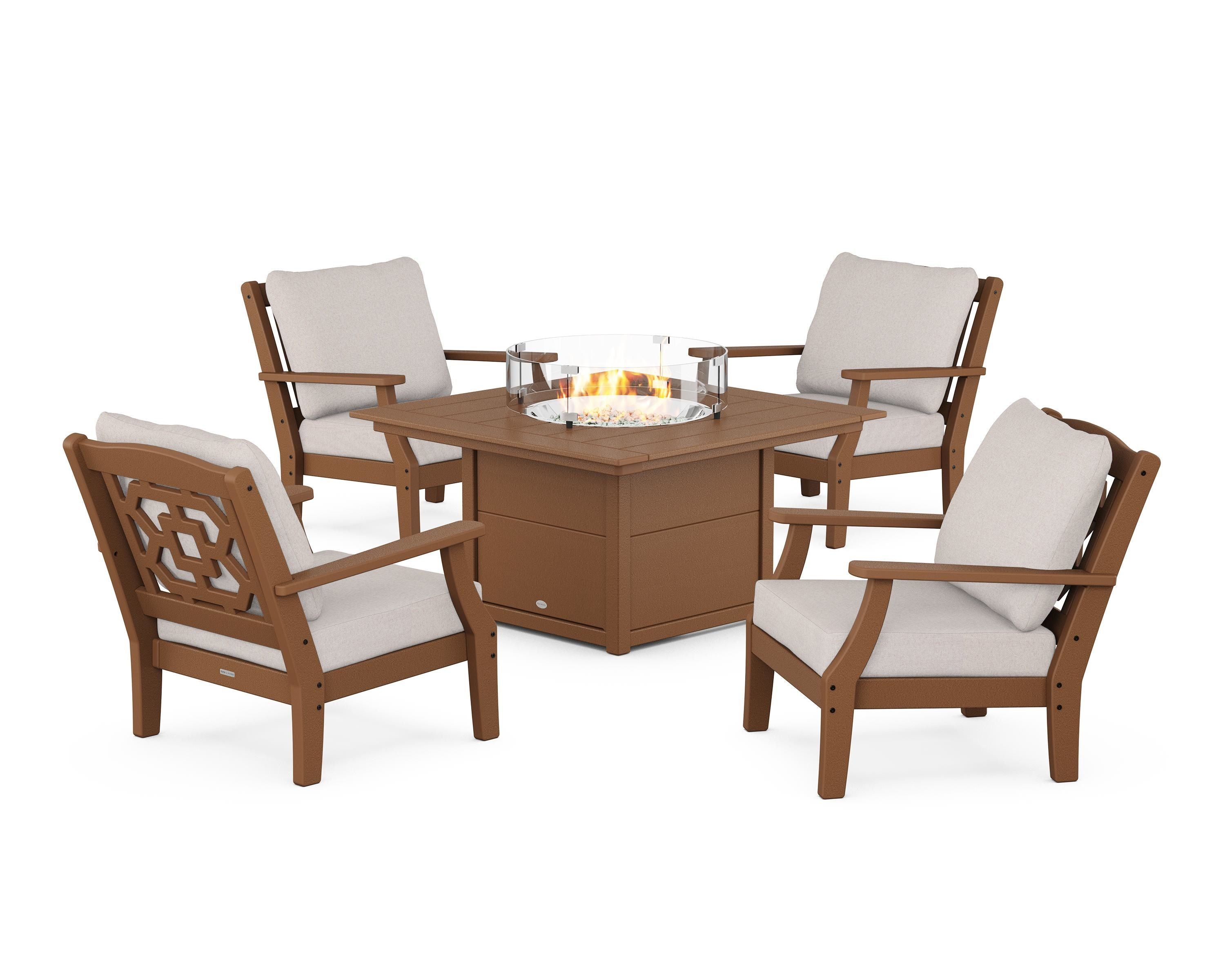 Martha Stewart by POLYWOOD® Chinoiserie 5-Piece Deep Seating Set with Fire Pit Table in Teak / Dune Burlap
