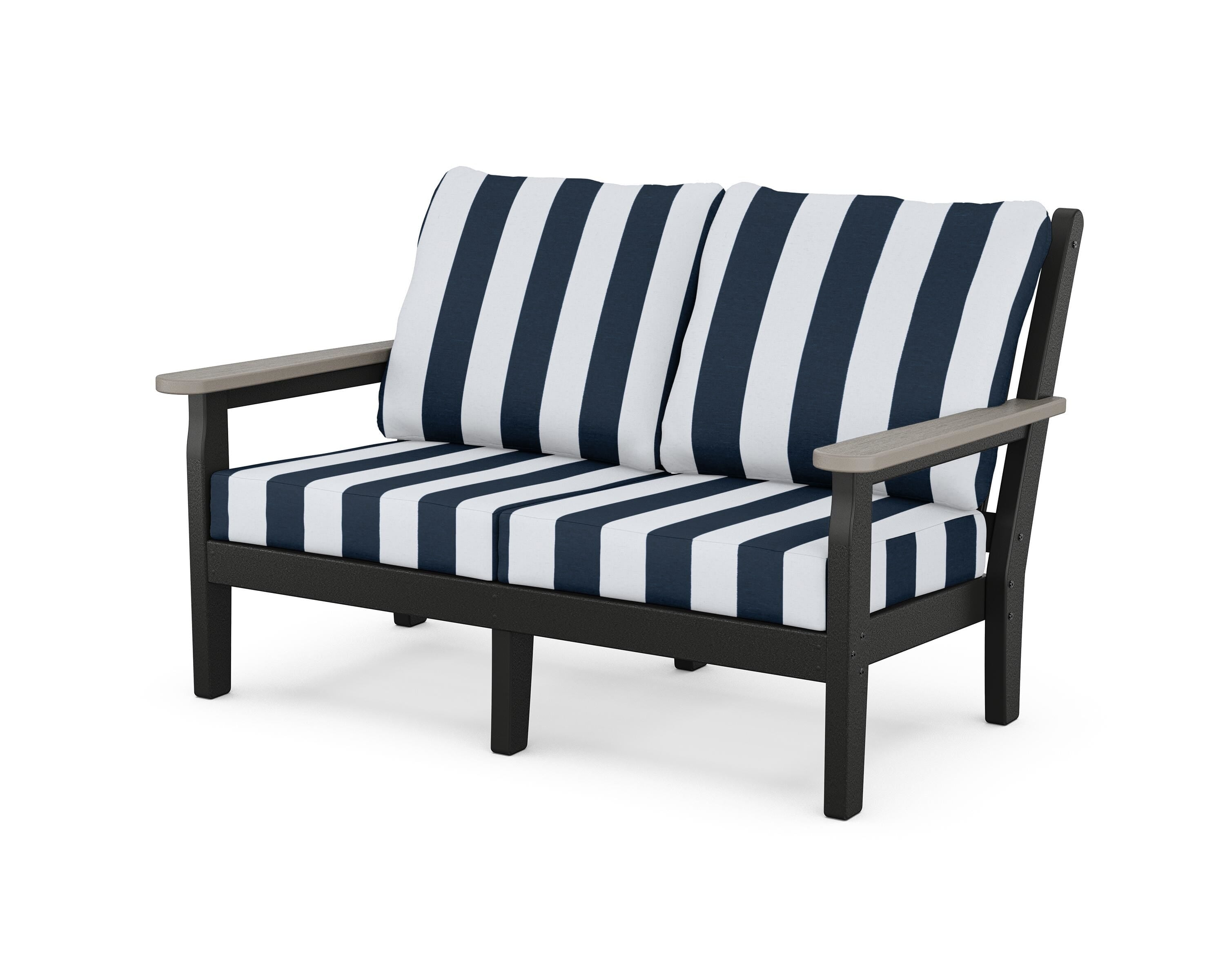 POLYWOOD® Chippendale Deep Seating Loveseat in Black / Driftwood / Cabana Stripe Marine Indigo