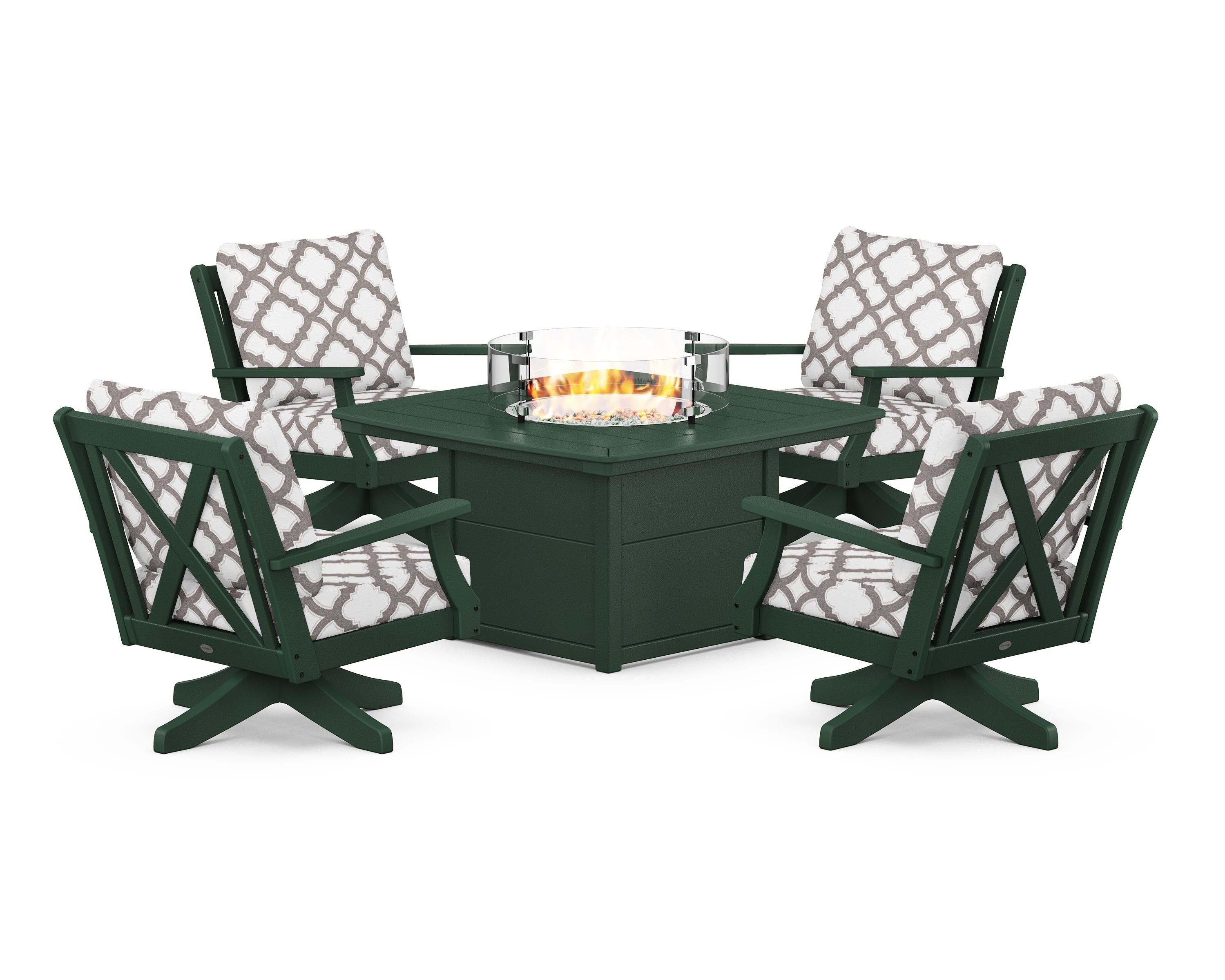 POLYWOOD® Braxton 5-Piece Deep Seating Swivel Conversation Set with Fire Pit Table in Green / Trellis Grey Mist