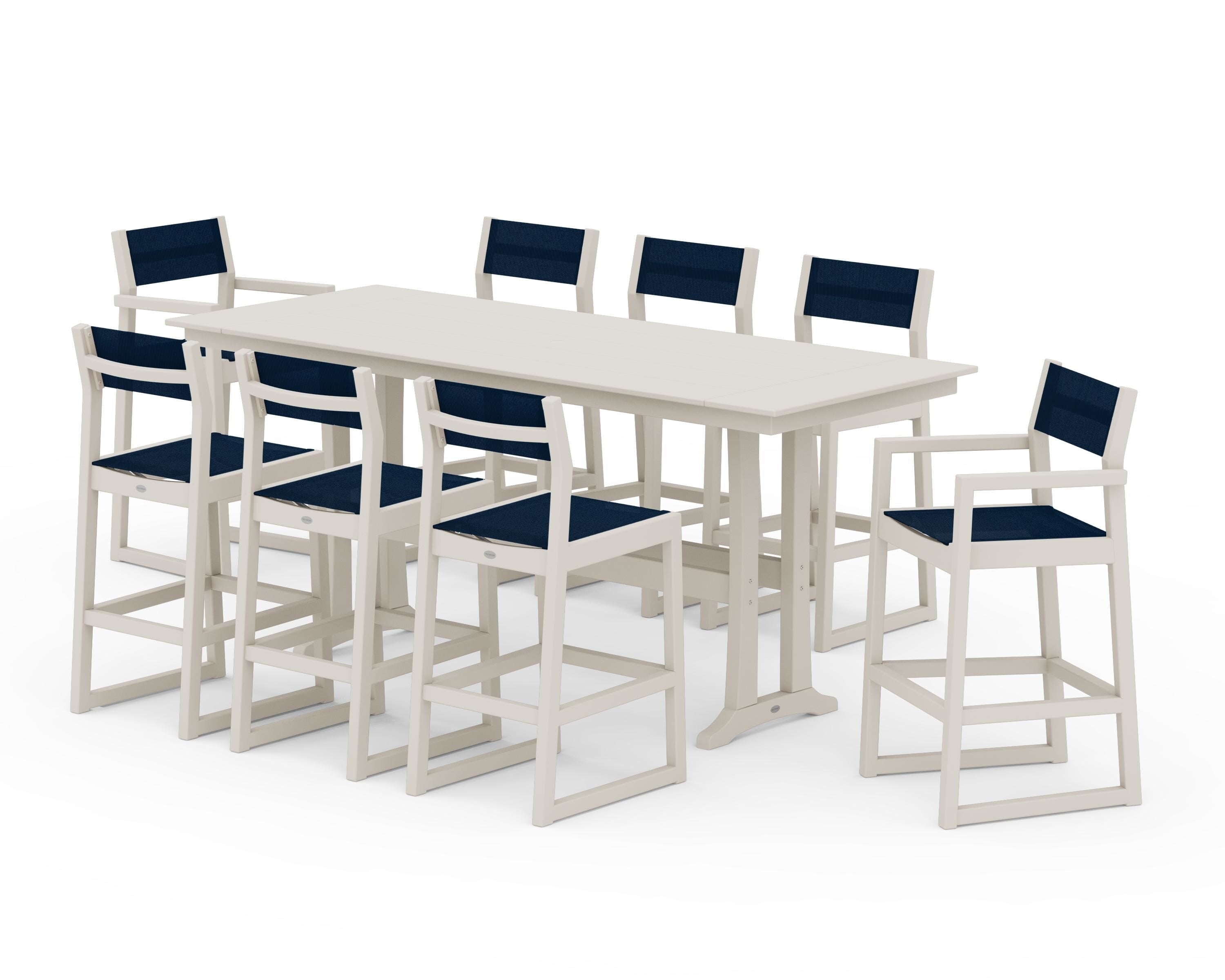 POLYWOOD® EDGE Sling 9-Piece Farmhouse Bar Set with Trestle Legs in Sand / Navy Blue Sling