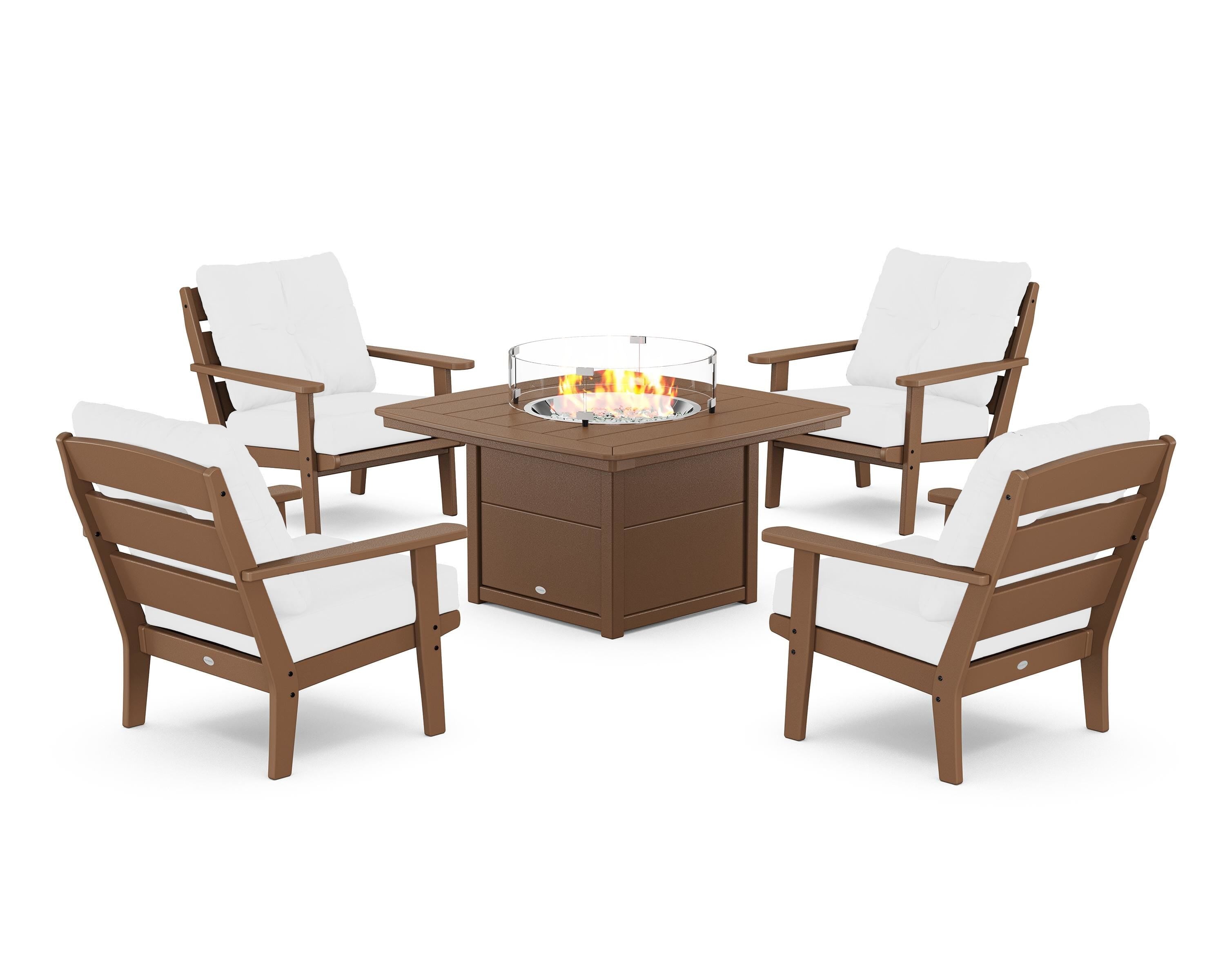 POLYWOOD® Lakeside 5-Piece Deep Seating Set with Nautical Fire Pit Table in Teak / Natural
