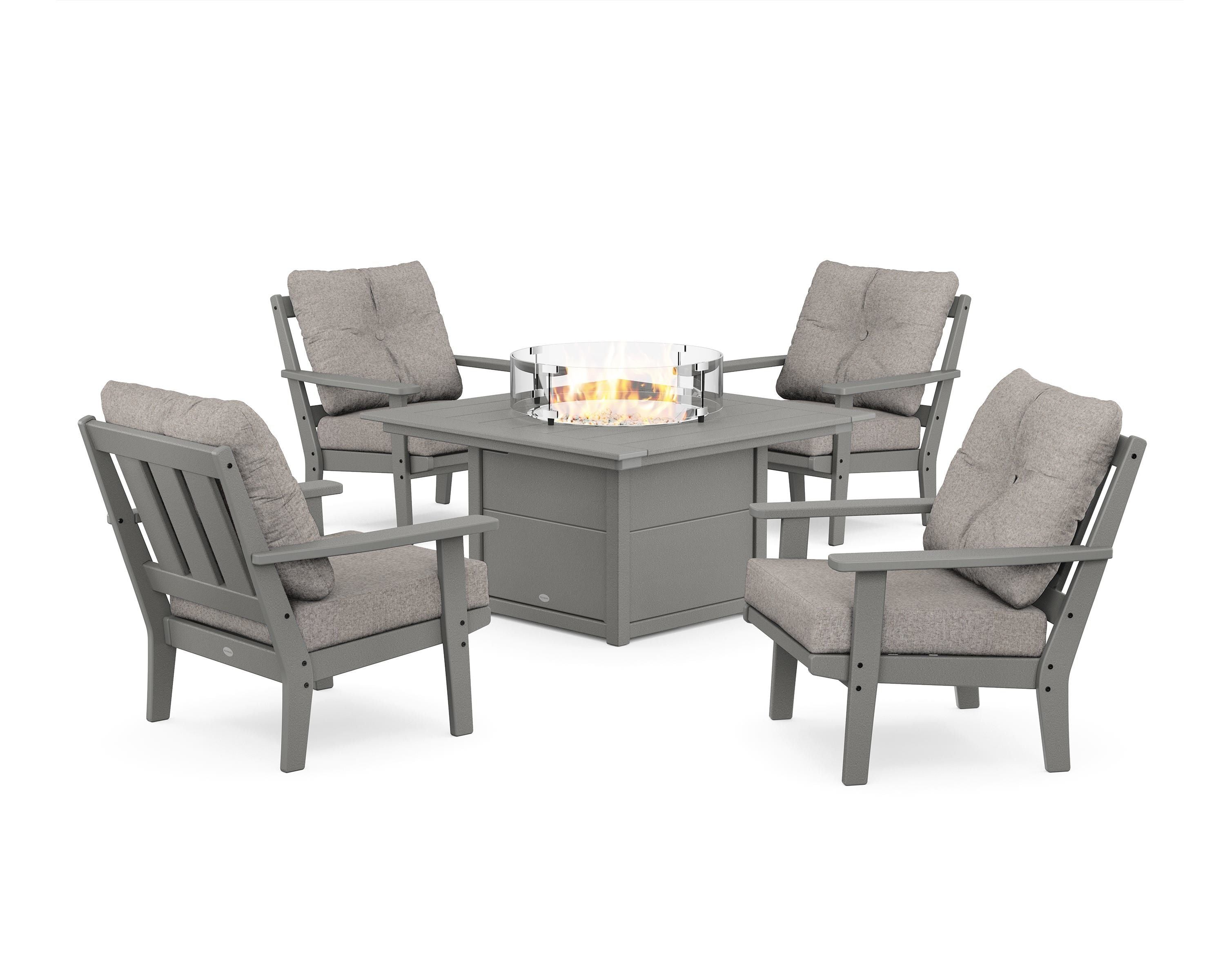 POLYWOOD® Oxford 5-Piece Deep Seating Set with Fire Pit Table in Slate Grey / Weathered Tweed