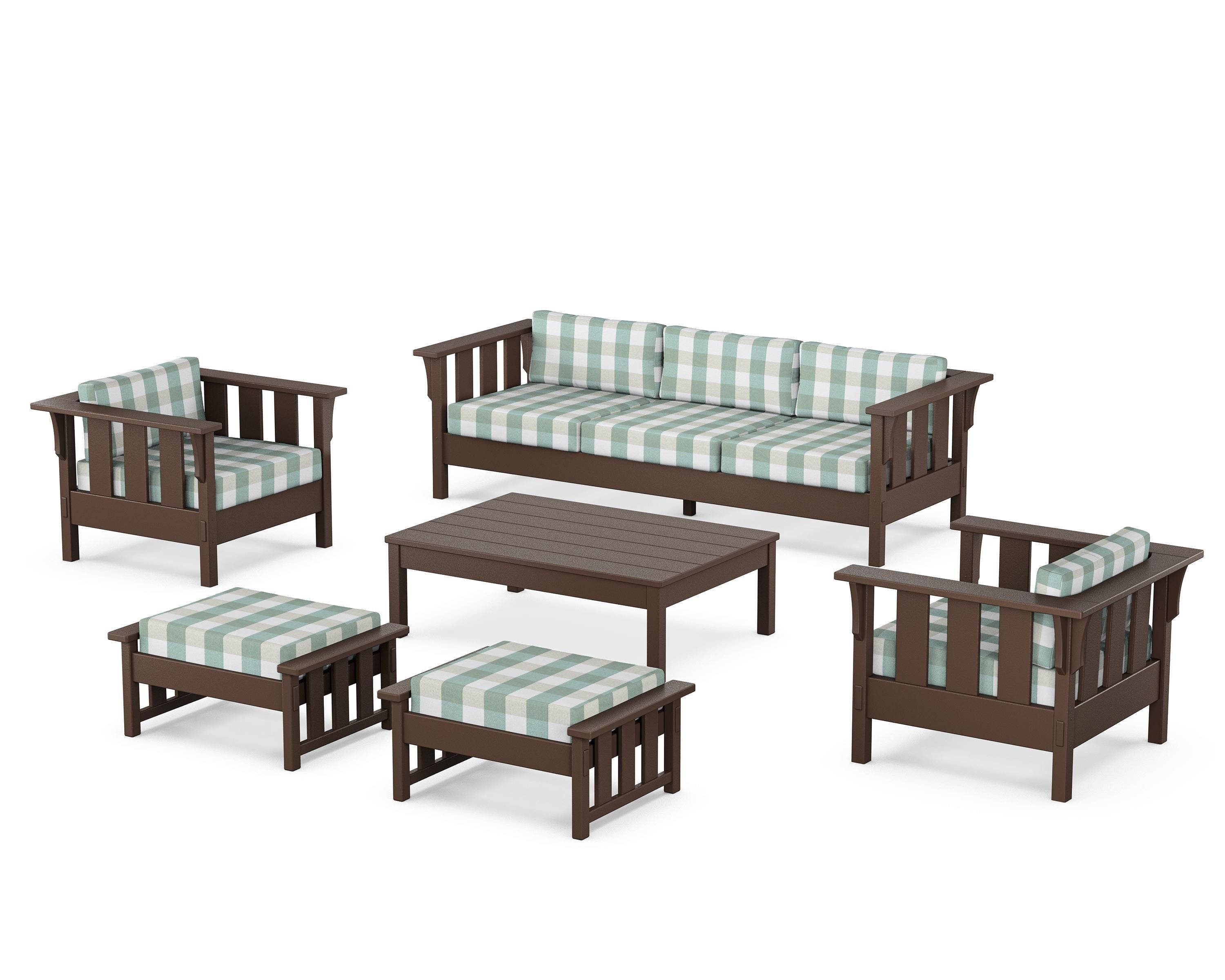 Martha Stewart by POLYWOOD® Acadia 6-Piece Lounge Sofa Set in Mahogany / Buffalo Plaid Glacier Spa
