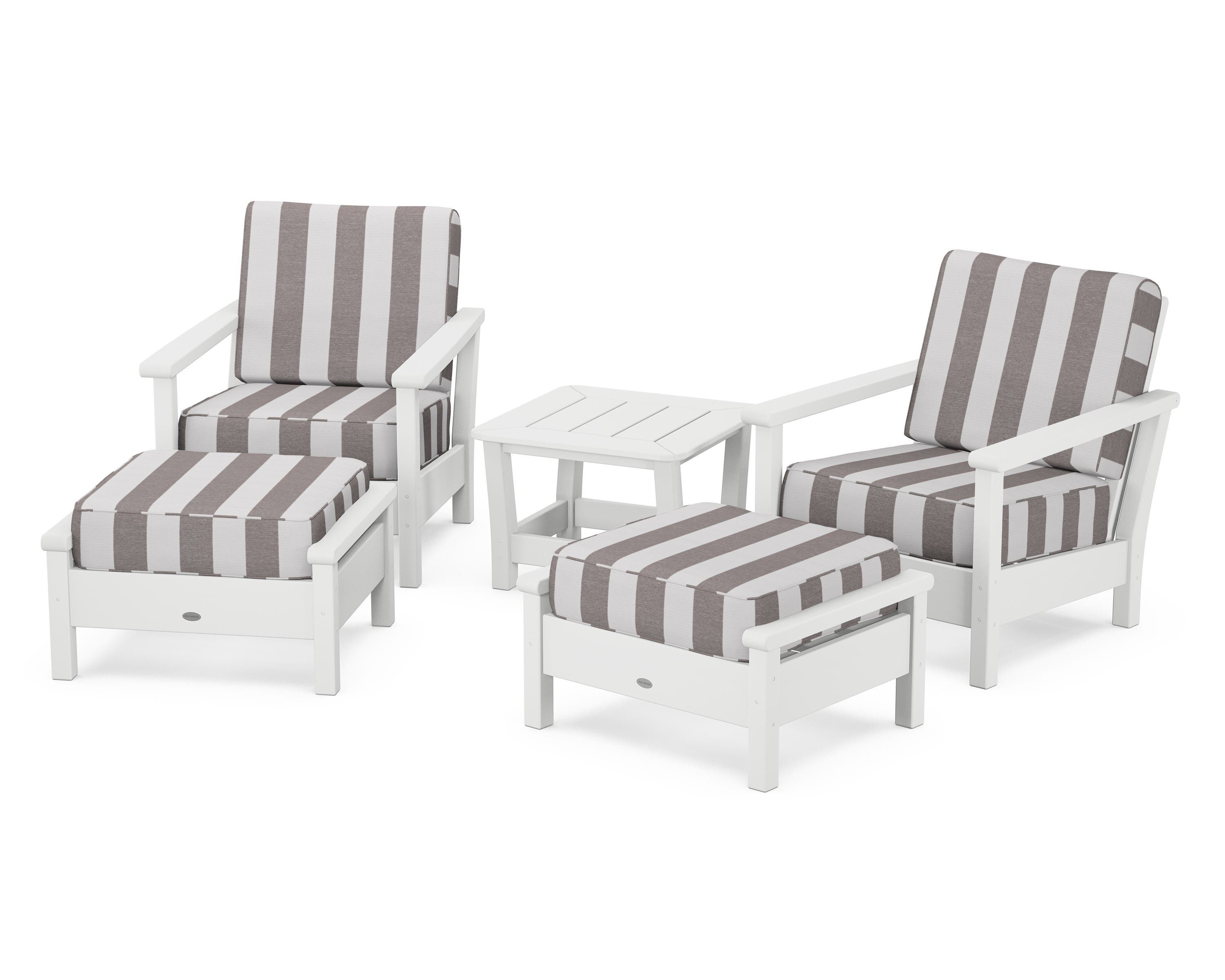 POLYWOOD® Harbour 5-Piece Deep Seating Chair Set in White / Cabana Stripe Grey Mist
