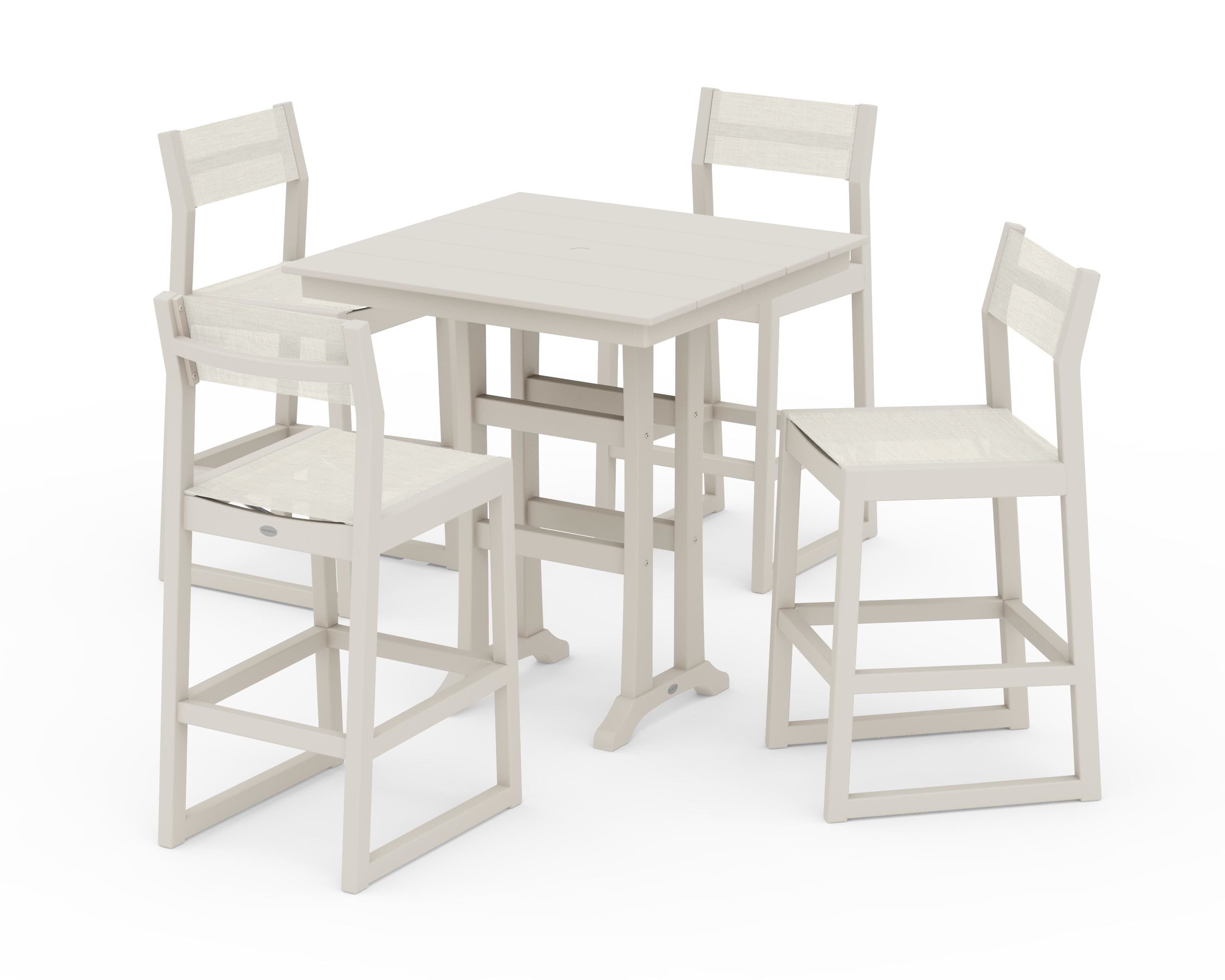 POLYWOOD® EDGE Sling Arm Chair 5-Piece Farmhouse Bar Set with Trestle Legs in Sand / Parchment Sling