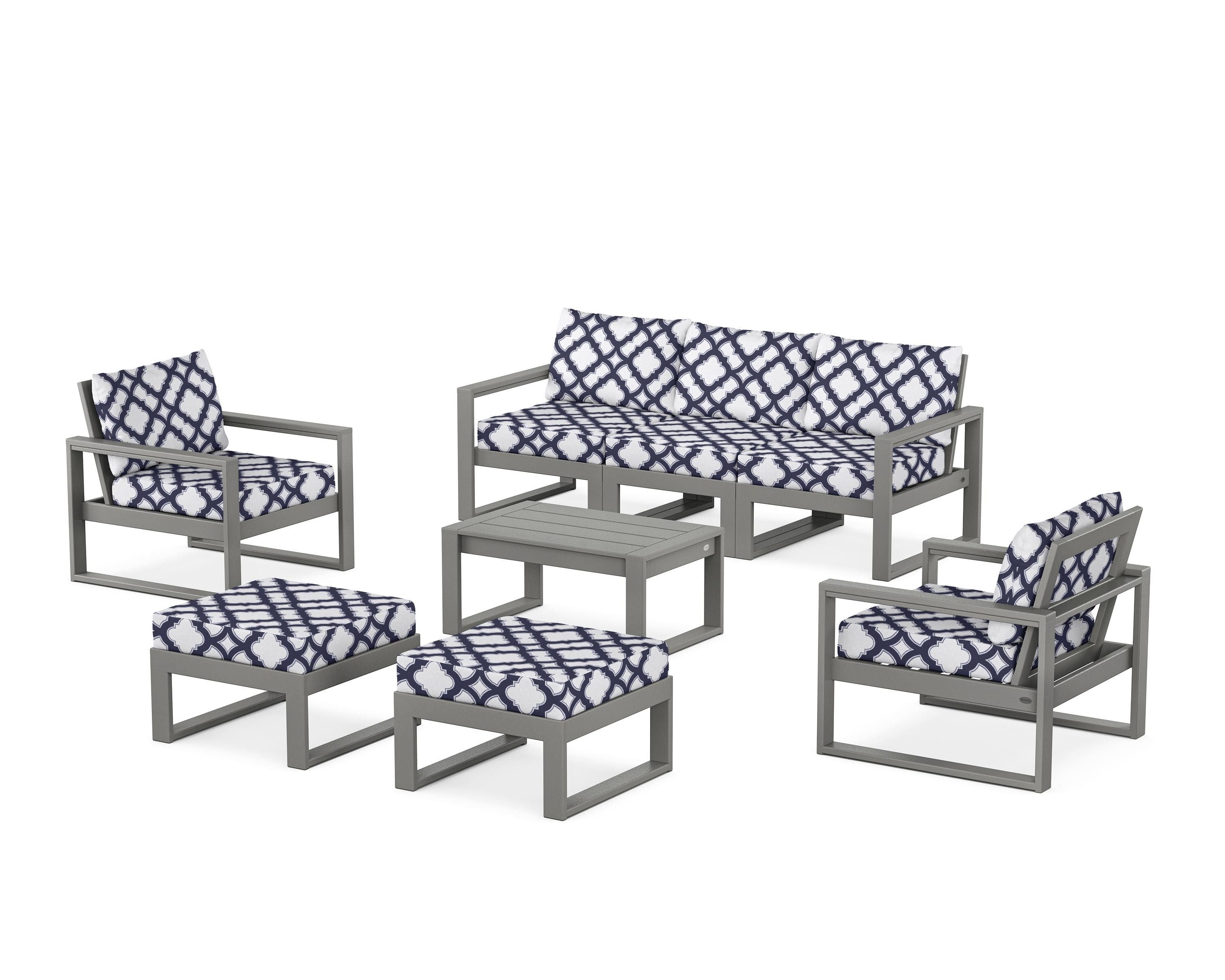 POLYWOOD® EDGE Sectional 8-Piece Lounge Sofa Set in Slate Grey / Trellis Navy