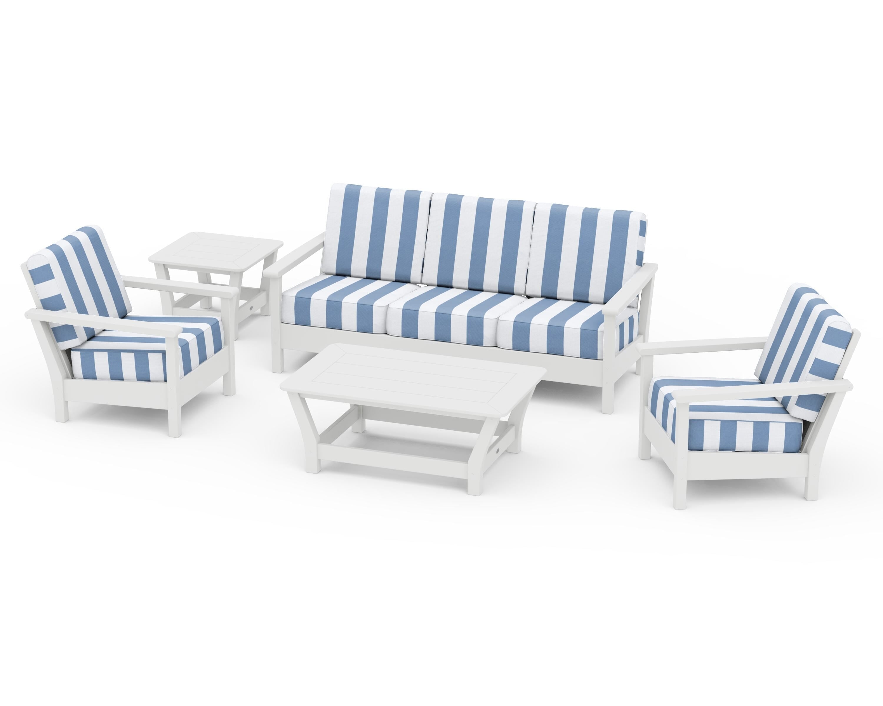 POLYWOOD® Harbour 5-Piece Deep Seating Set in White / Cabana Stripe Sky Blue