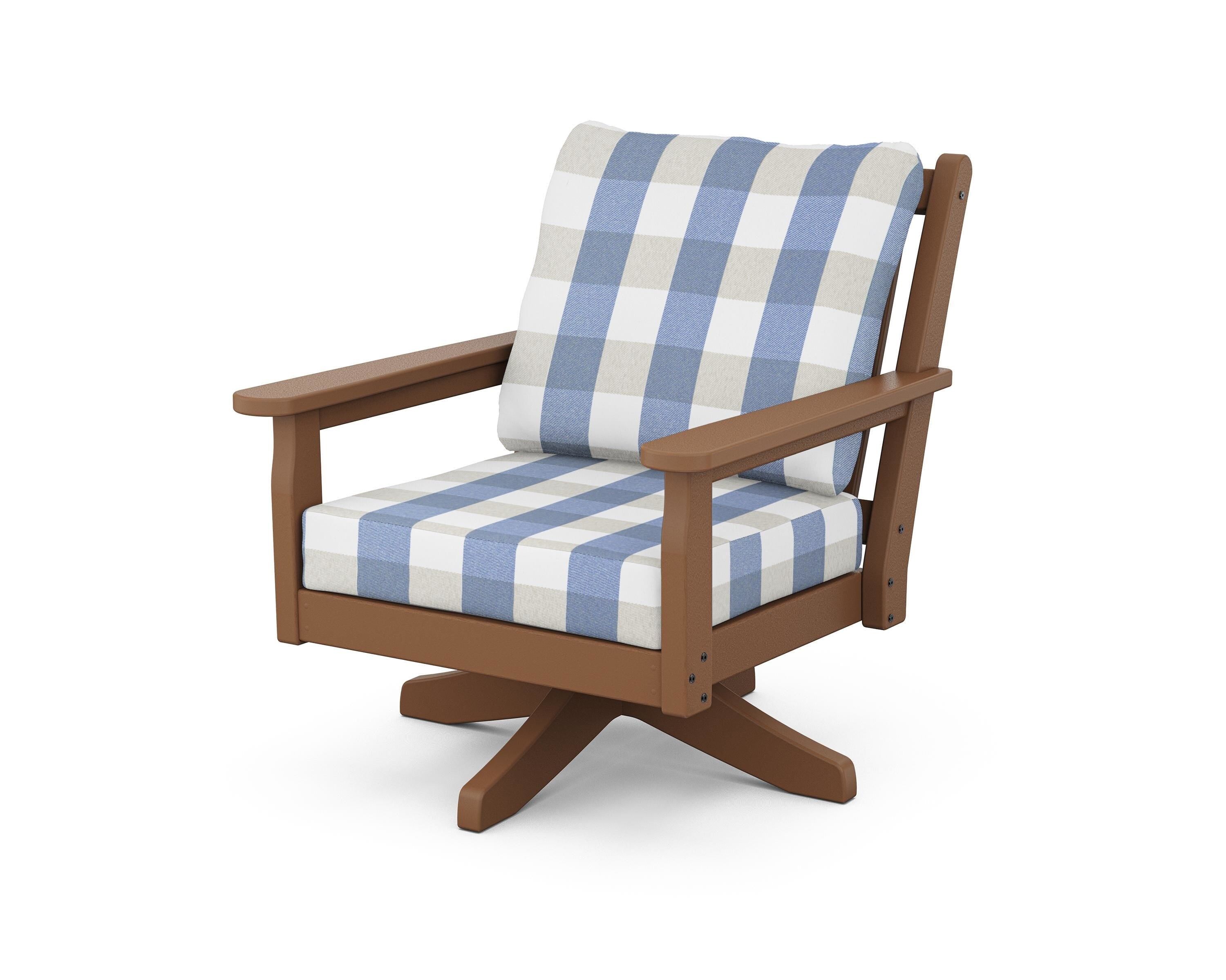 POLYWOOD® Chippendale Deep Seating Swivel Chair in Teak / Buffalo Plaid Sky Blue