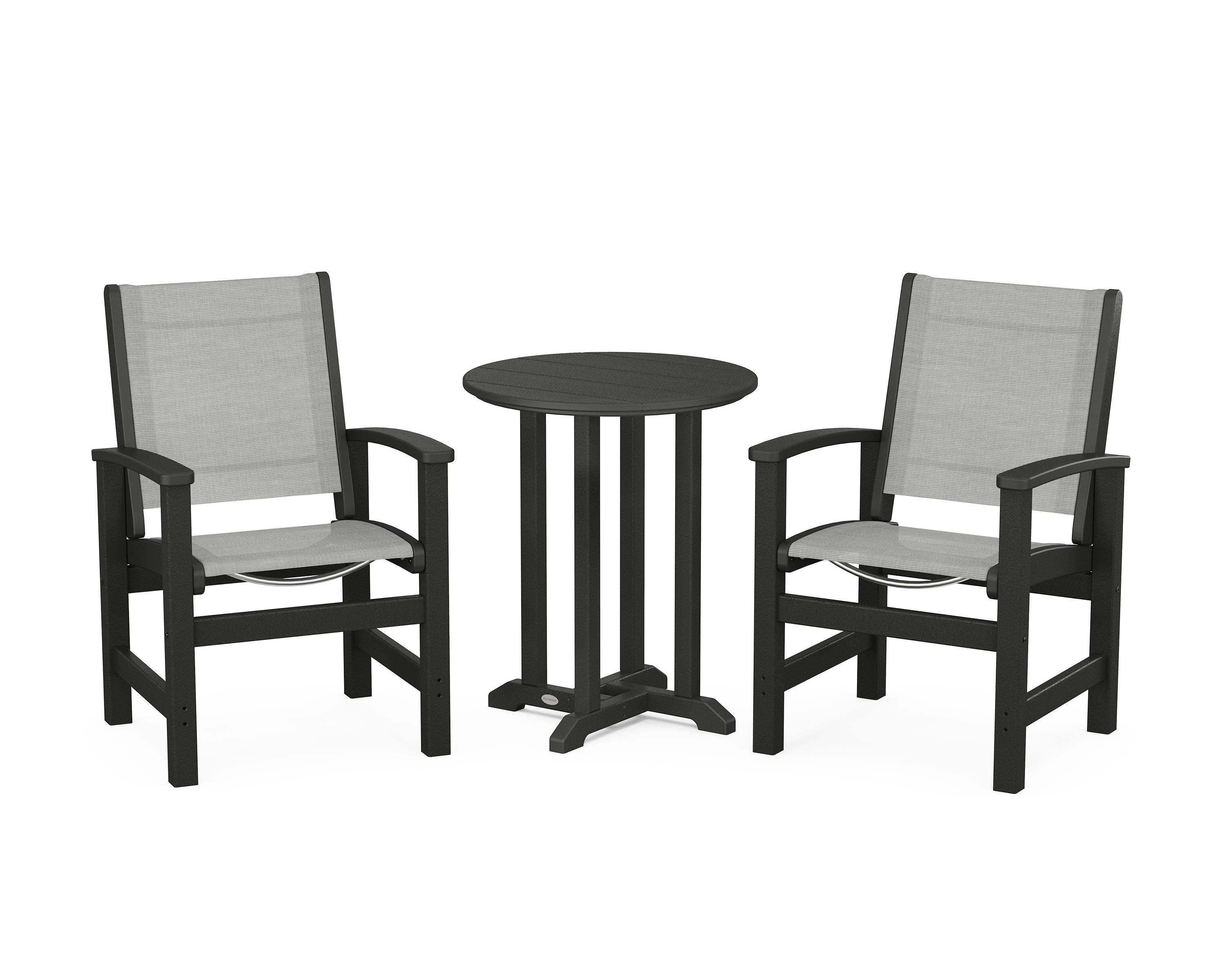 POLYWOOD® Coastal 3-Piece Round Bistro Dining Set in Black / Metallic Sling