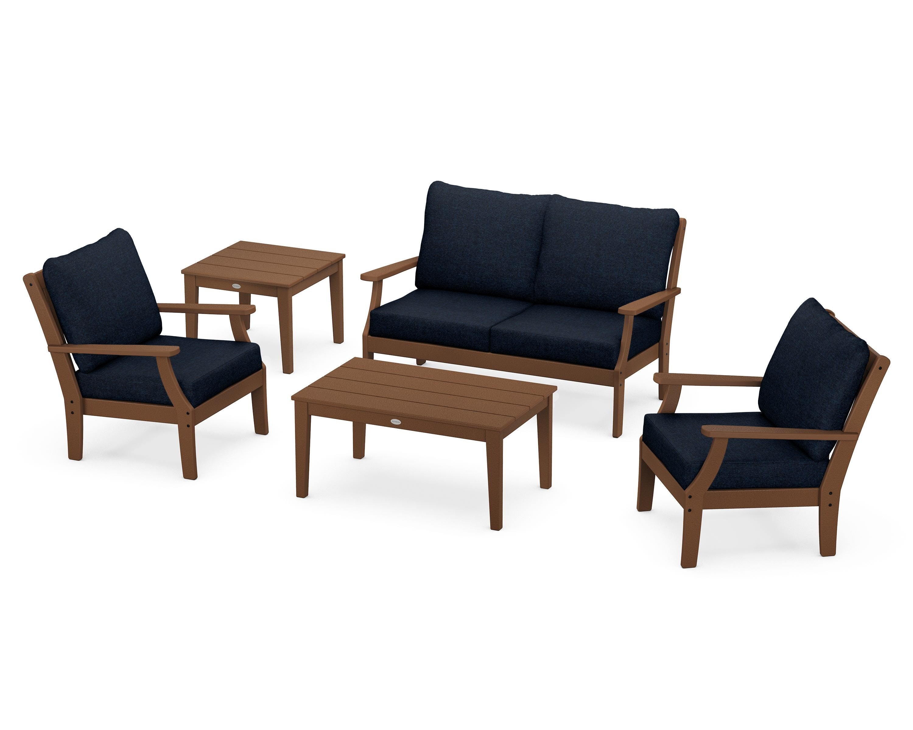 POLYWOOD® Braxton 5-Piece Deep Seating Set in Teak / Marine Indigo