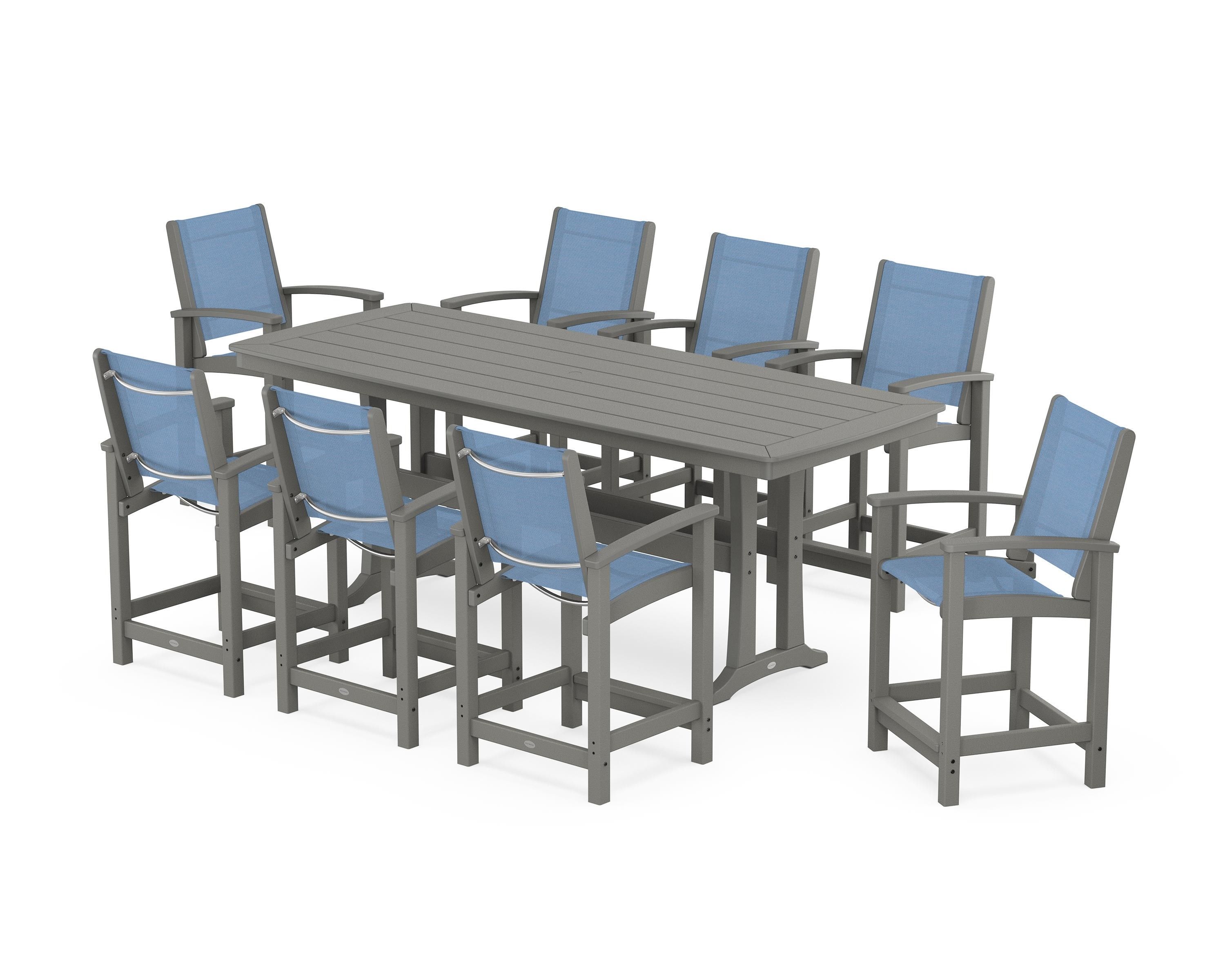 POLYWOOD® Coastal 9-Piece Counter Set with Trestle Legs in Slate Grey / Poolside Sling