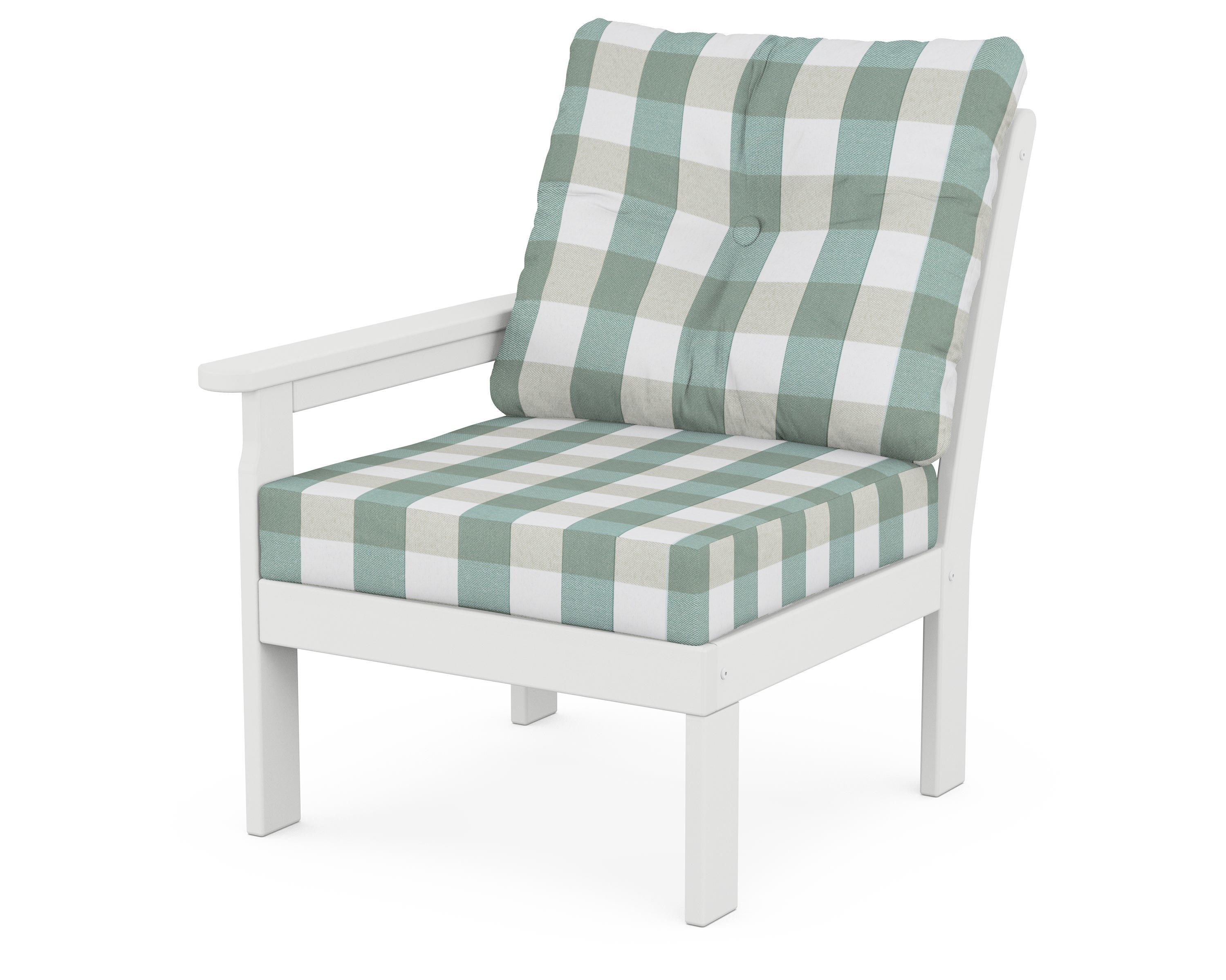 POLYWOOD® Vineyard Modular Left Arm Chair in White / Buffalo Plaid Glacier Spa