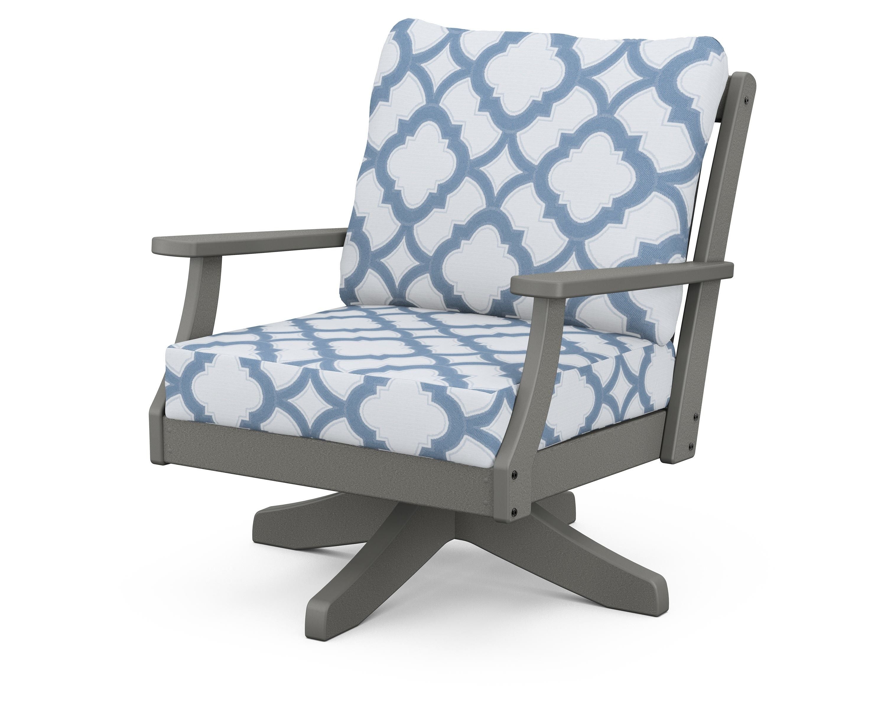 POLYWOOD® Braxton Deep Seating Swivel Chair in Slate Grey / Trellis Sky Blue