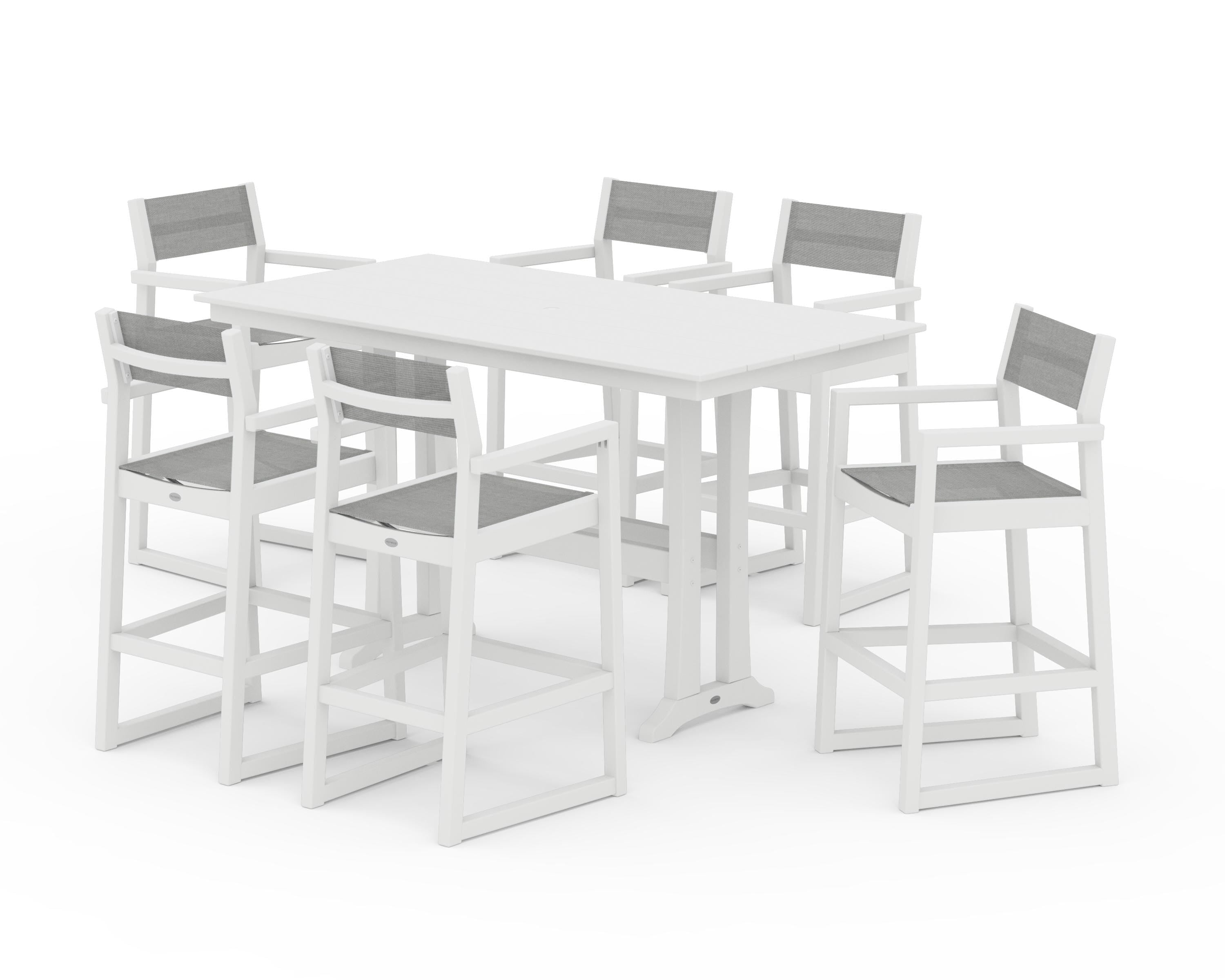 POLYWOOD® EDGE Sling Arm Chair 7-Piece Farmhouse Bar Set with Trestle Legs in White / Metallic Sling
