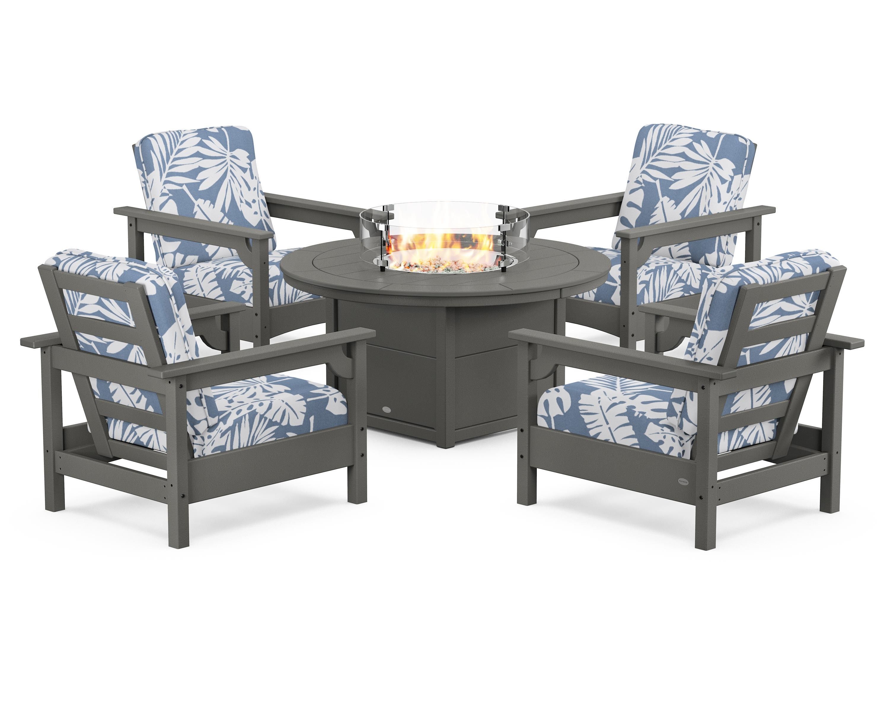 POLYWOOD® Club 5-Piece Conversation Set with Fire Pit Table in Slate Grey / Leaf Sky Blue