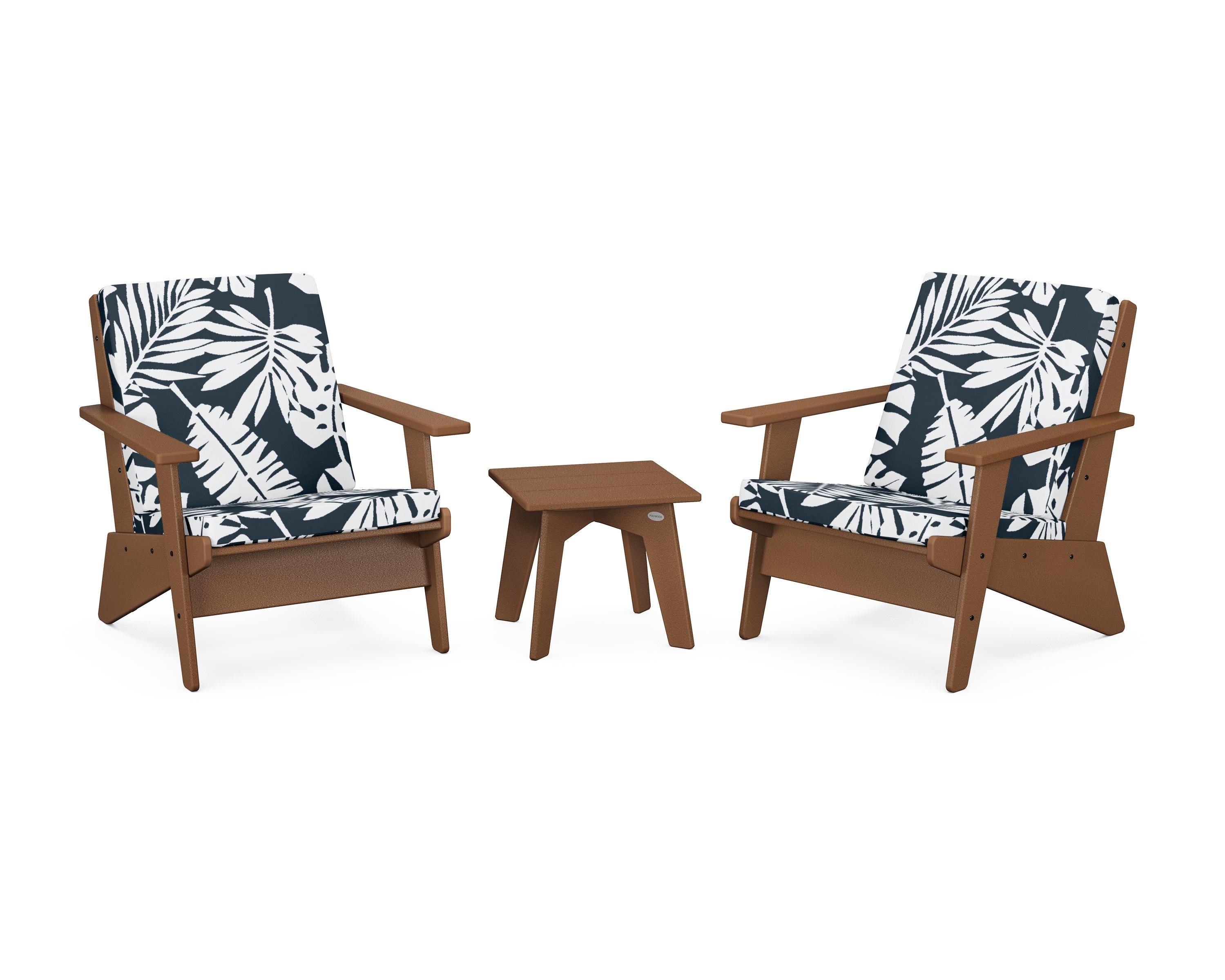 POLYWOOD® Riviera Modern Lounge 3-Piece Set in Teak / Leaf Marine Indigo