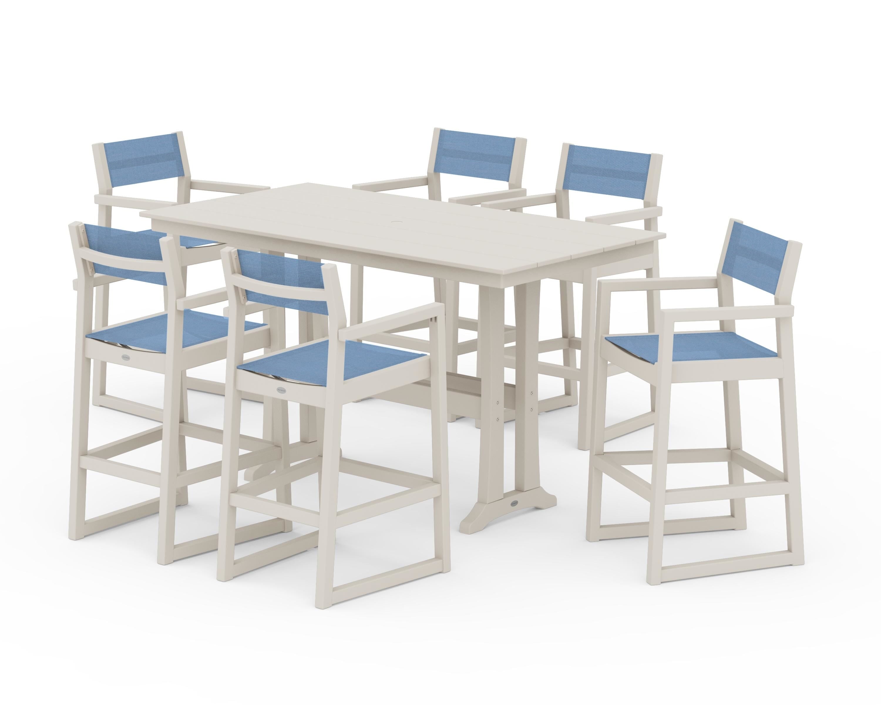 POLYWOOD® EDGE Sling Arm Chair 7-Piece Farmhouse Bar Set with Trestle Legs in Sand / Poolside Sling