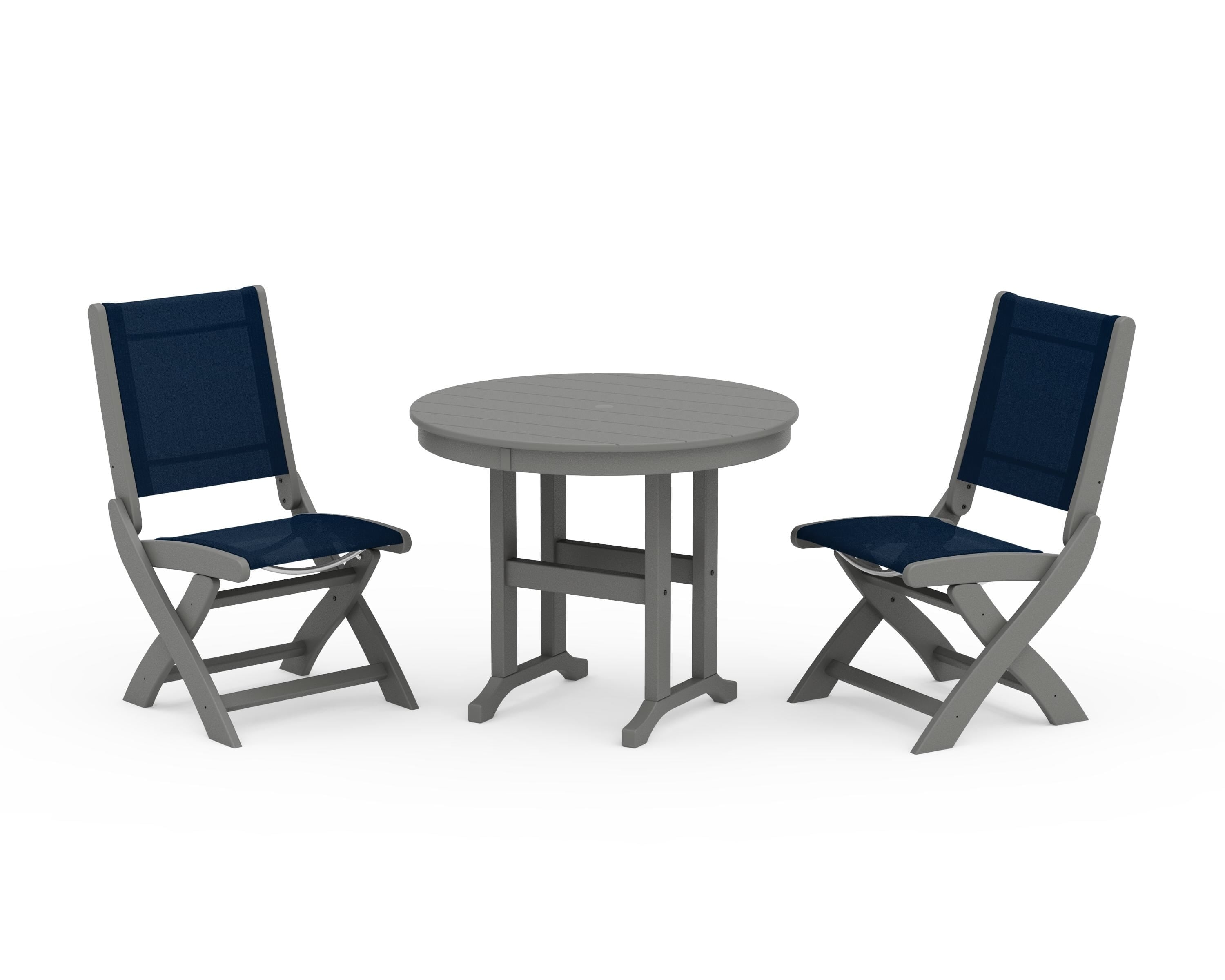POLYWOOD® Coastal Folding Side Chair 3-Piece Round Dining Set in Slate Grey / Navy Blue Sling