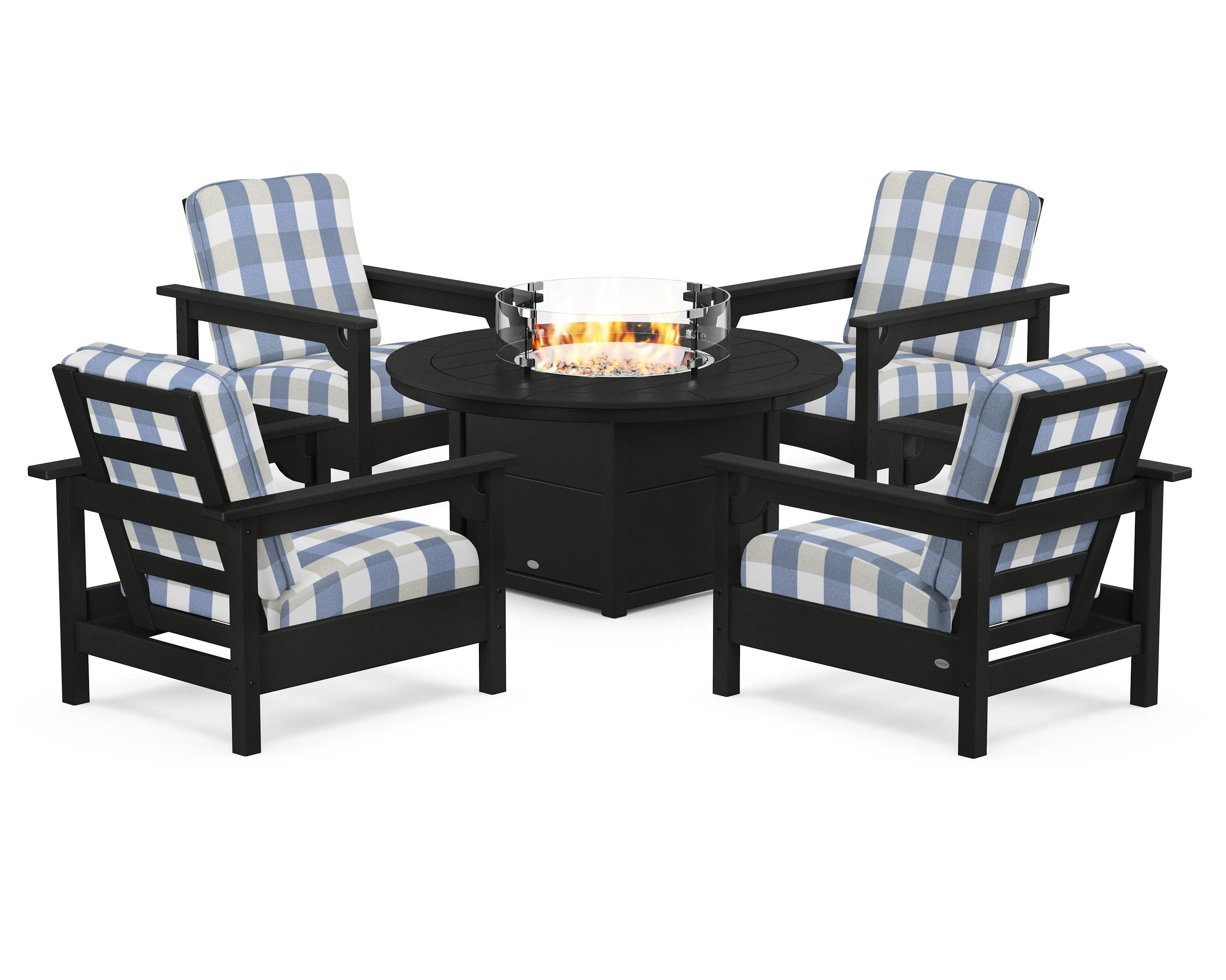 POLYWOOD® Club 5-Piece Conversation Set with Fire Pit Table in Black / Buffalo Plaid Sky Blue
