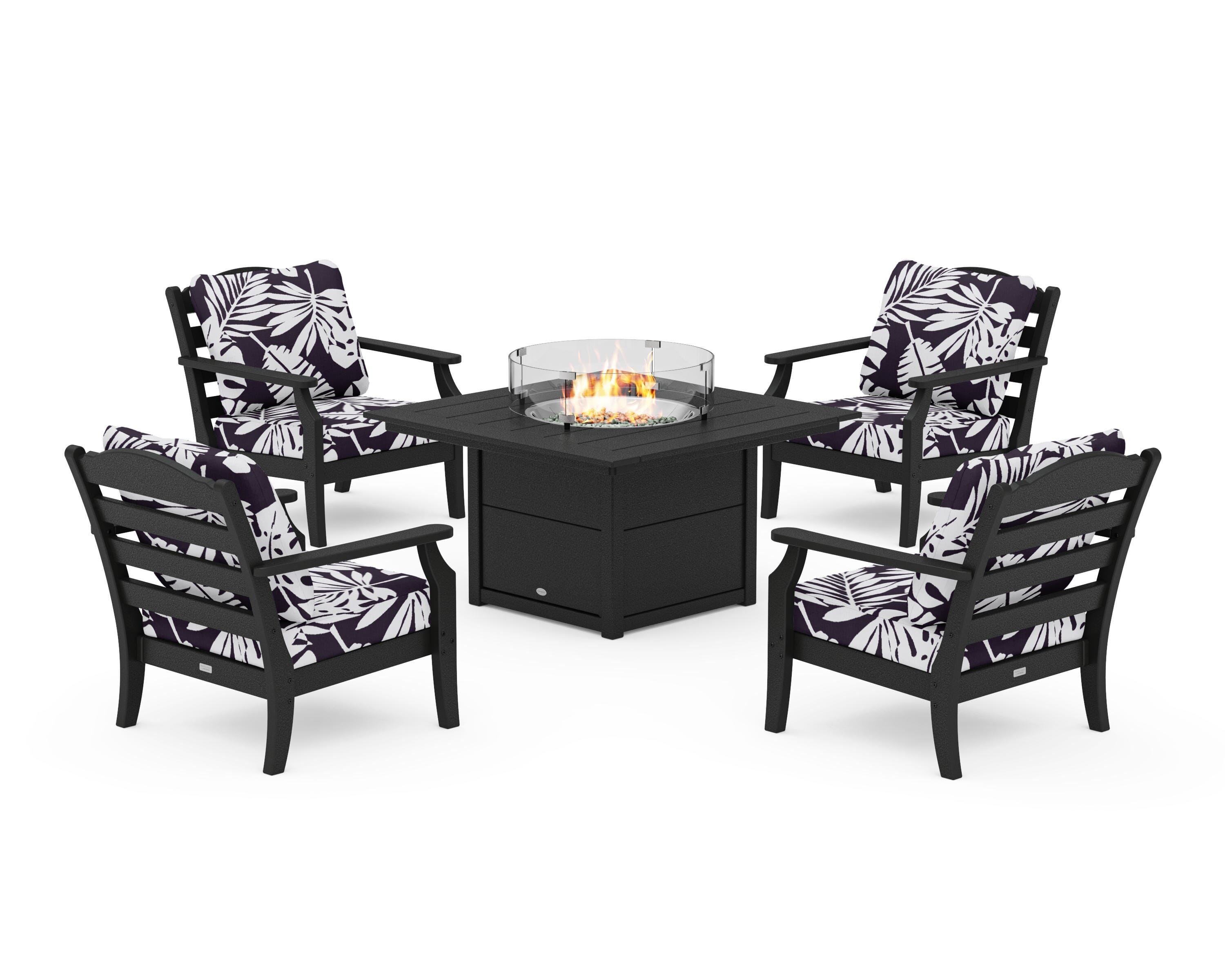 Draper James™ by POLYWOOD® Savannah 5-Piece Deep Seating Set with Fire Pit Table in Black / Leaf Navy