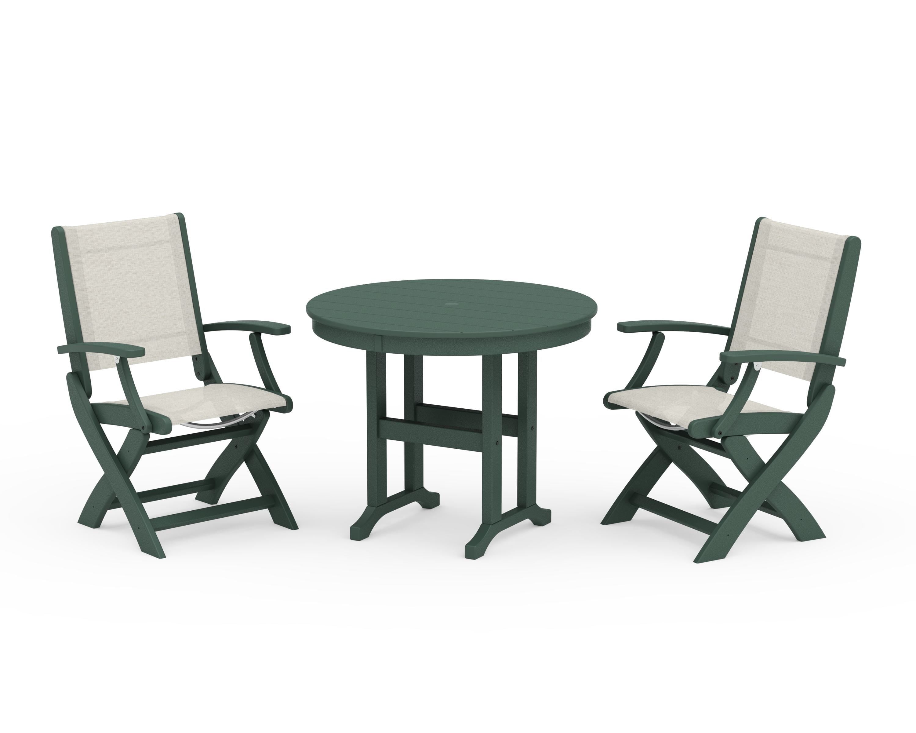 POLYWOOD® Coastal Folding Chair 3-Piece Round Dining Set in Green / Parchment Sling