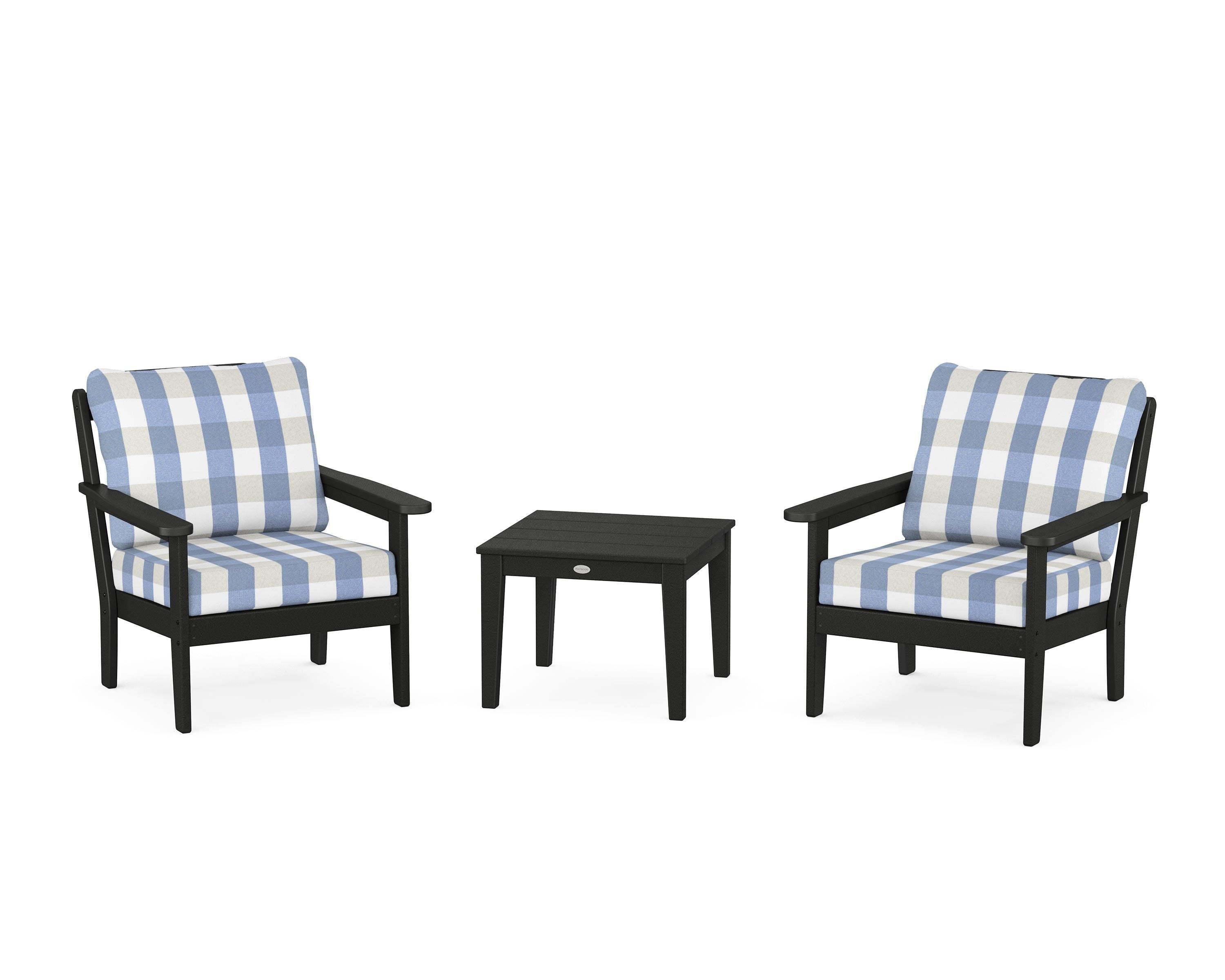 Country Living Cottage 3-Piece Deep Seating Set in Black / Buffalo Plaid Sky Blue