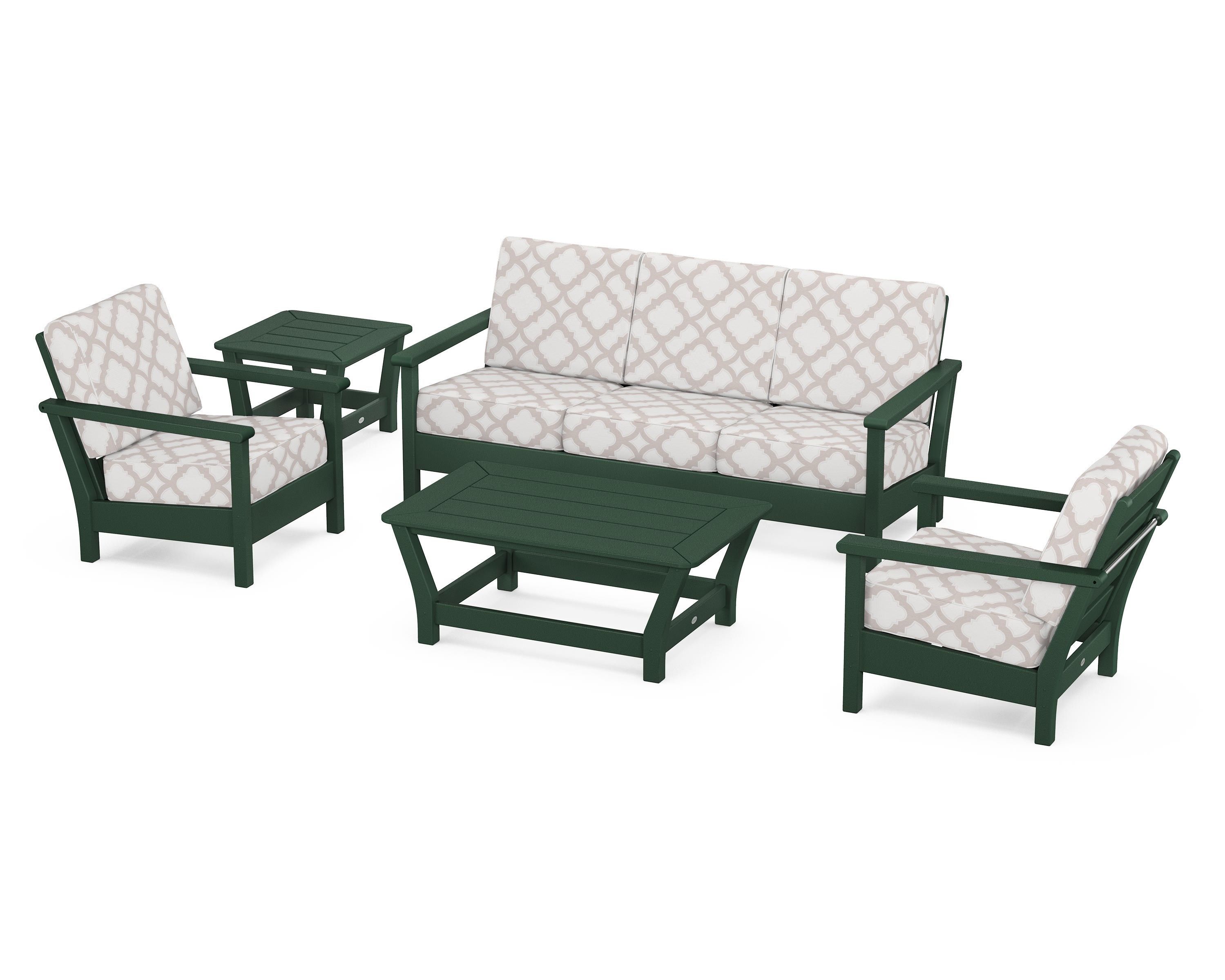 POLYWOOD® Harbour 5-Piece Deep Seating Set in Green / Trellis Dune Burlap