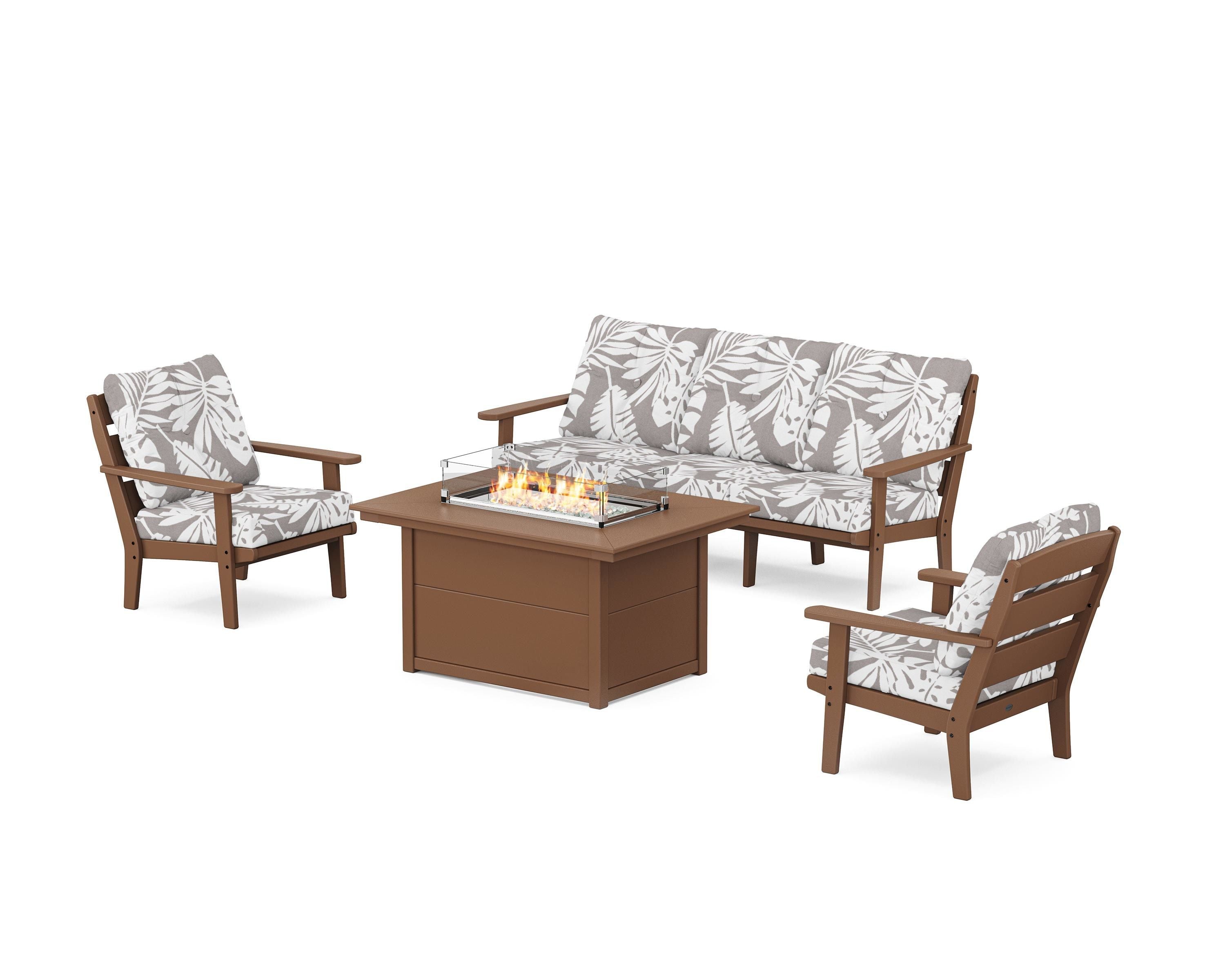 POLYWOOD® Lakeside Deep Seating Fire Pit Table Set in Teak / Leaf Grey Mist
