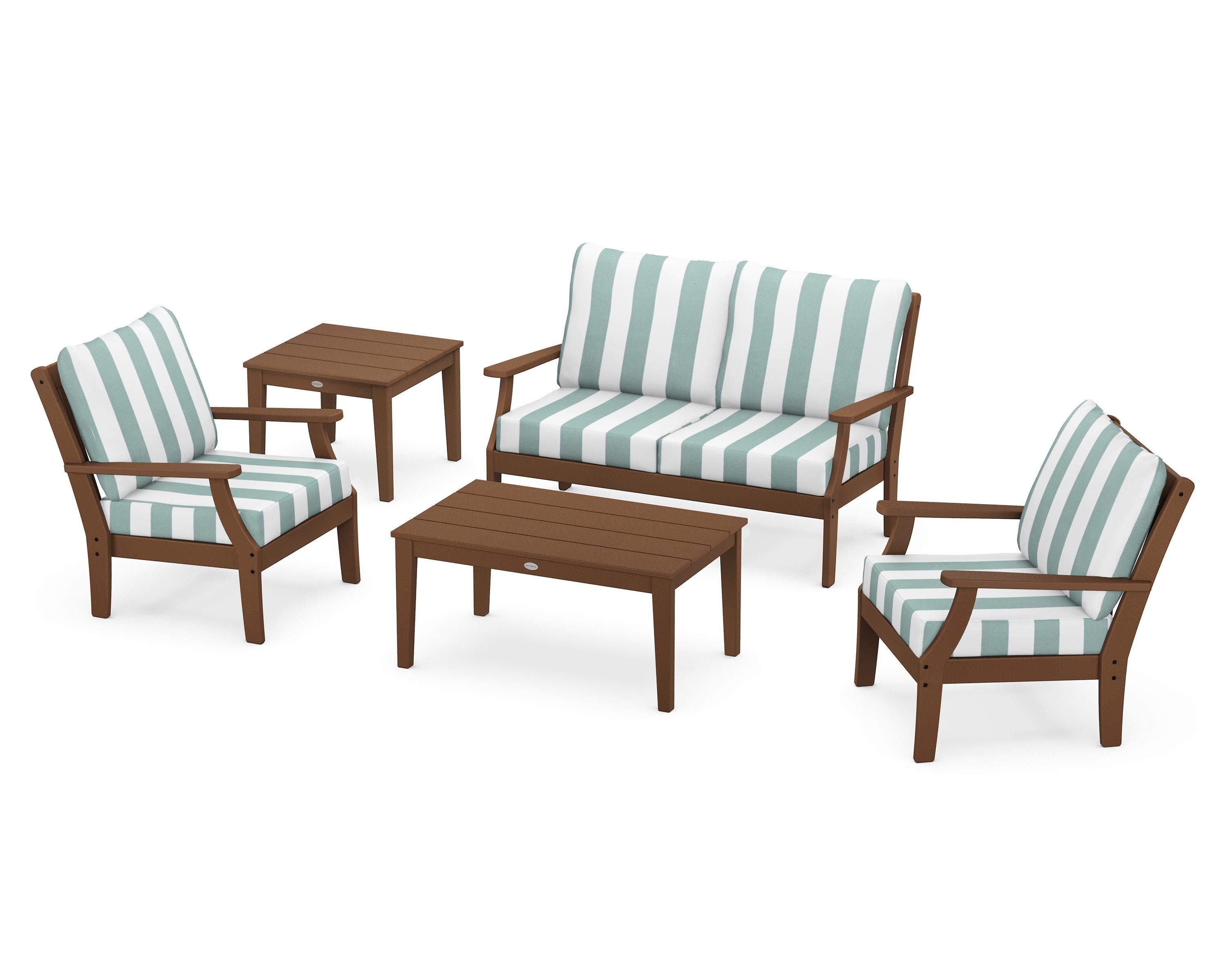 POLYWOOD® Braxton 5-Piece Deep Seating Set in Teak / Cabana Stripe Glacier Spa