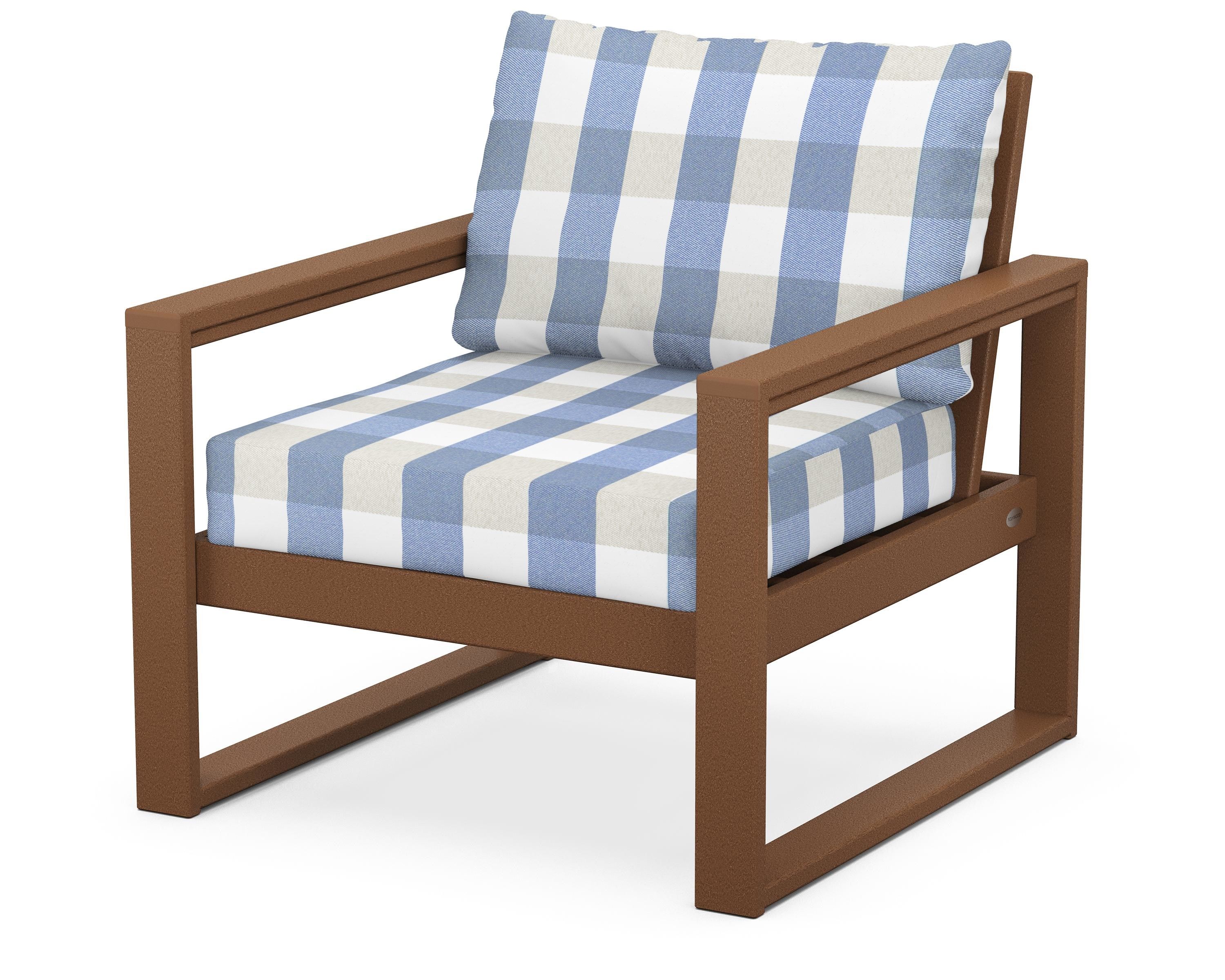 POLYWOOD® EDGE Club Chair in Teak / Buffalo Plaid Sky Blue