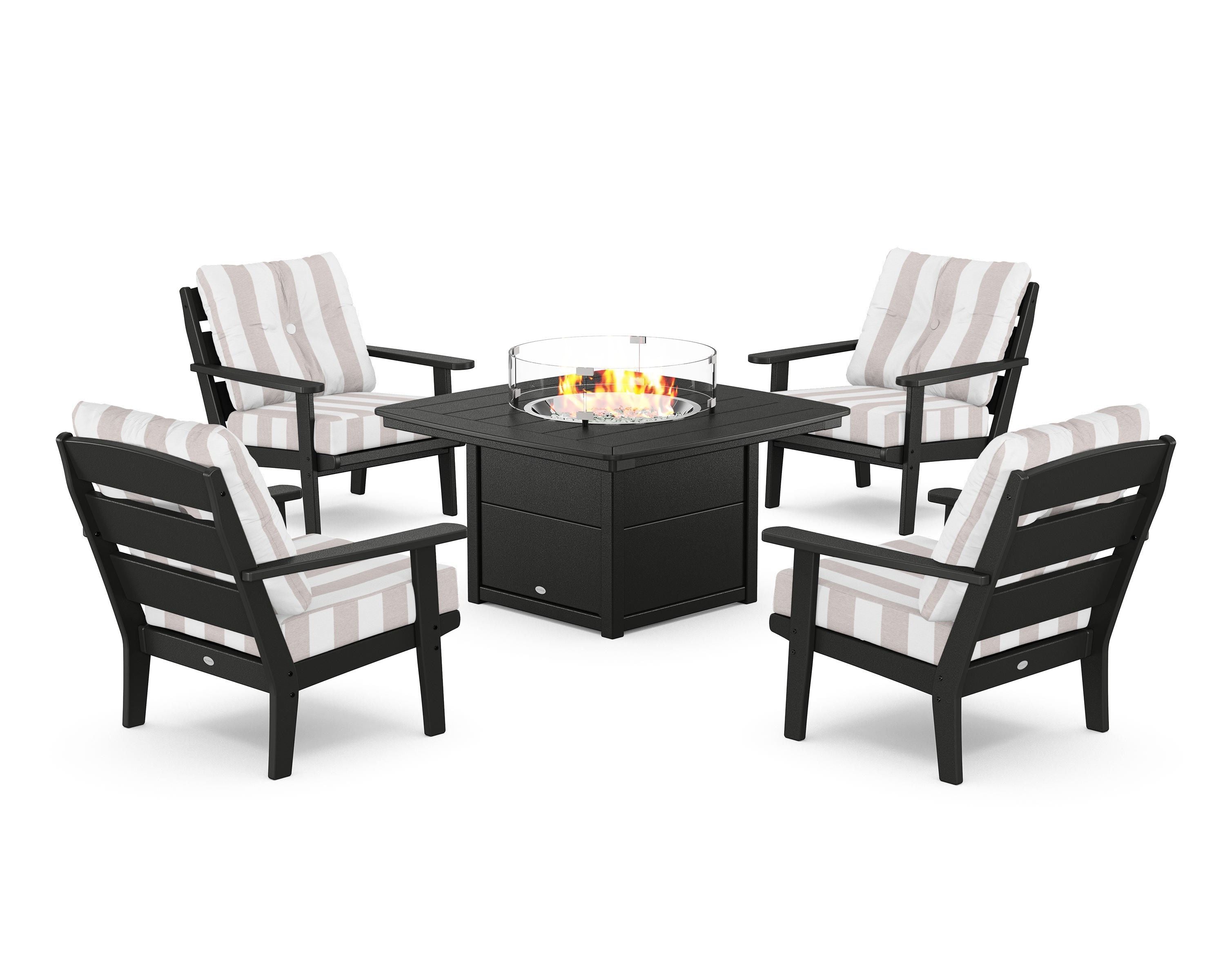 POLYWOOD® Lakeside 5-Piece Deep Seating Set with Nautical Fire Pit Table in Black / Cabana Stripe Dune Burlap
