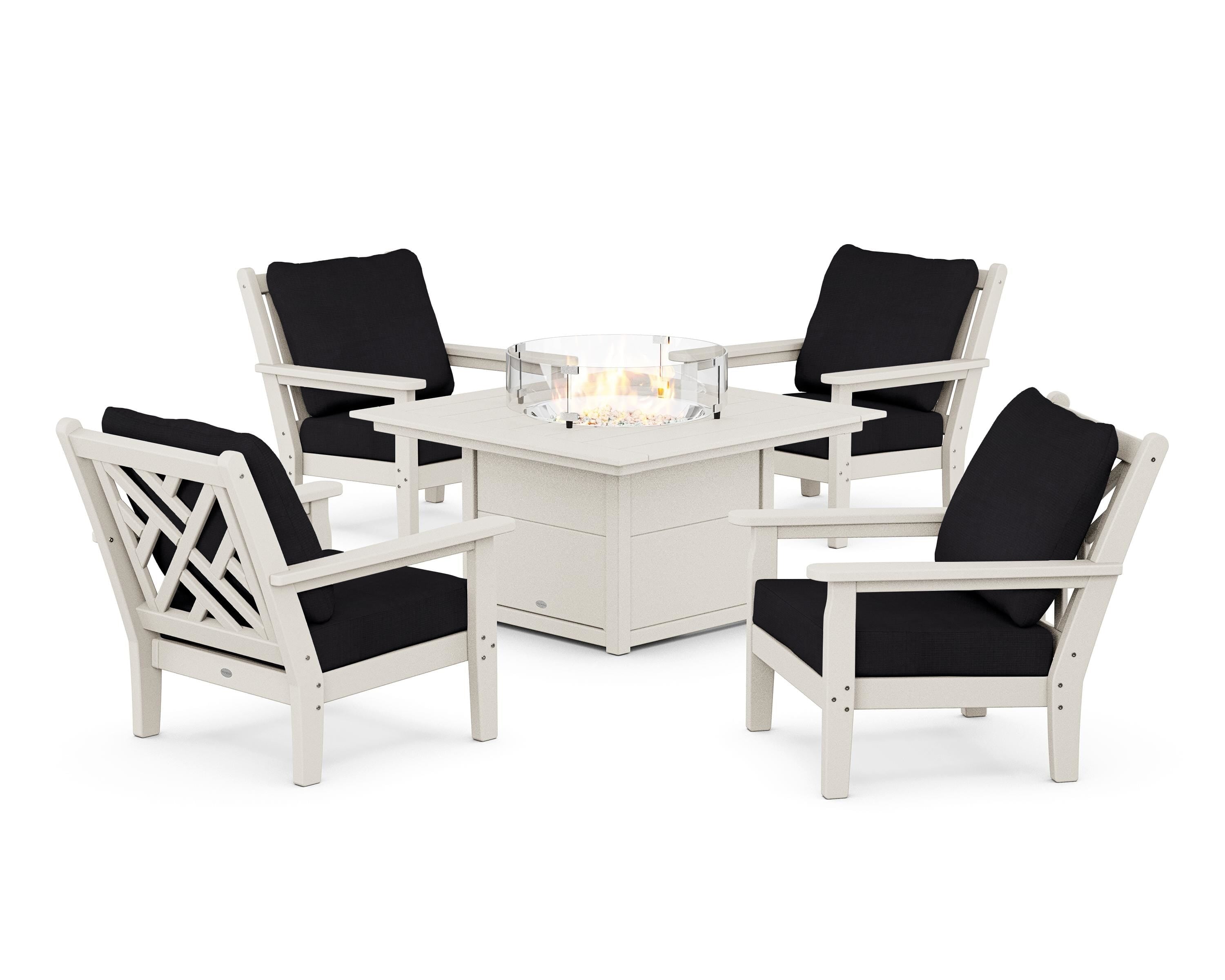 POLYWOOD® Chippendale 5-Piece Deep Seating Set with Fire Pit Table in Sand / Midnight Linen