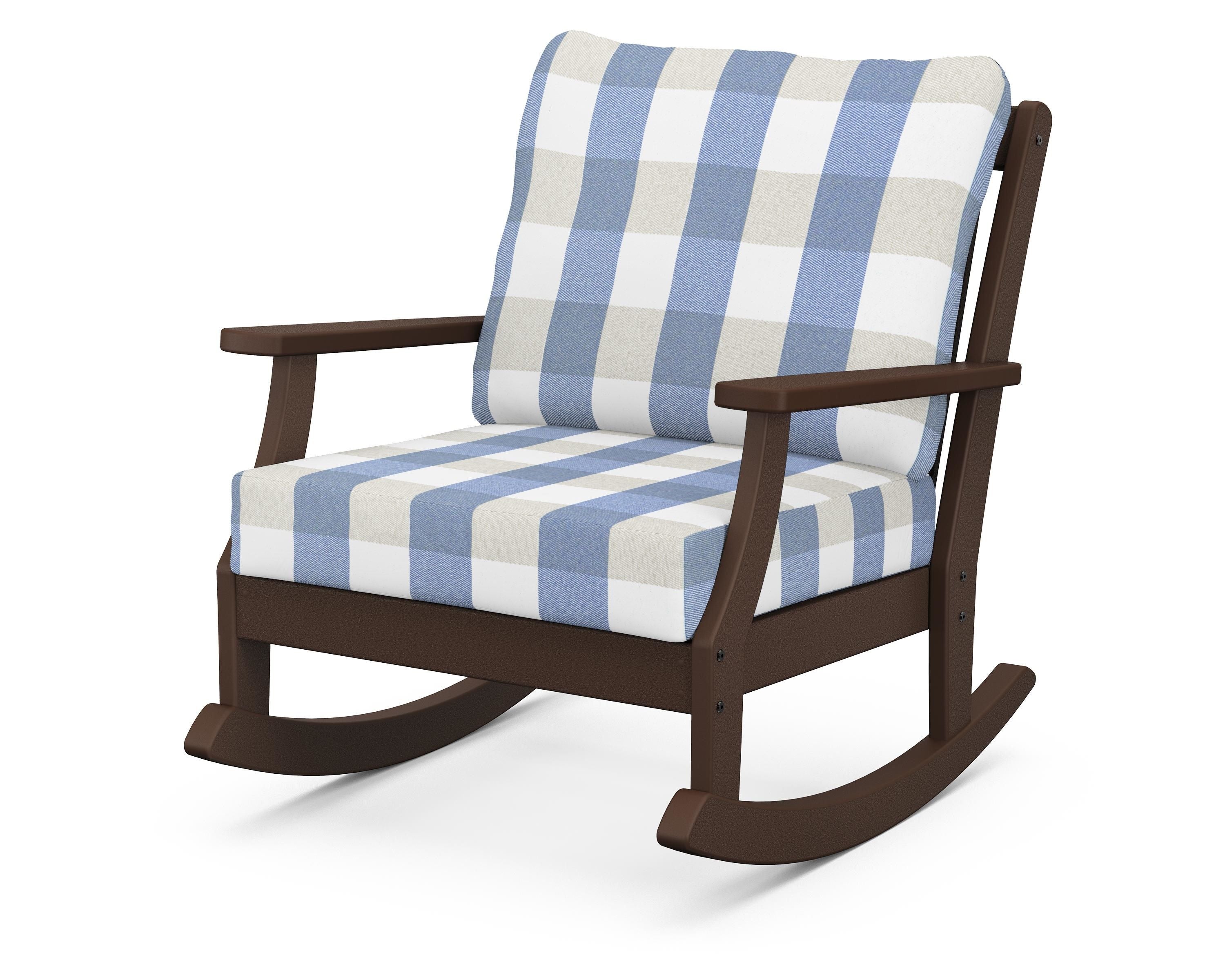 POLYWOOD® Braxton Deep Seating Rocking Chair in Mahogany / Buffalo Plaid Sky Blue