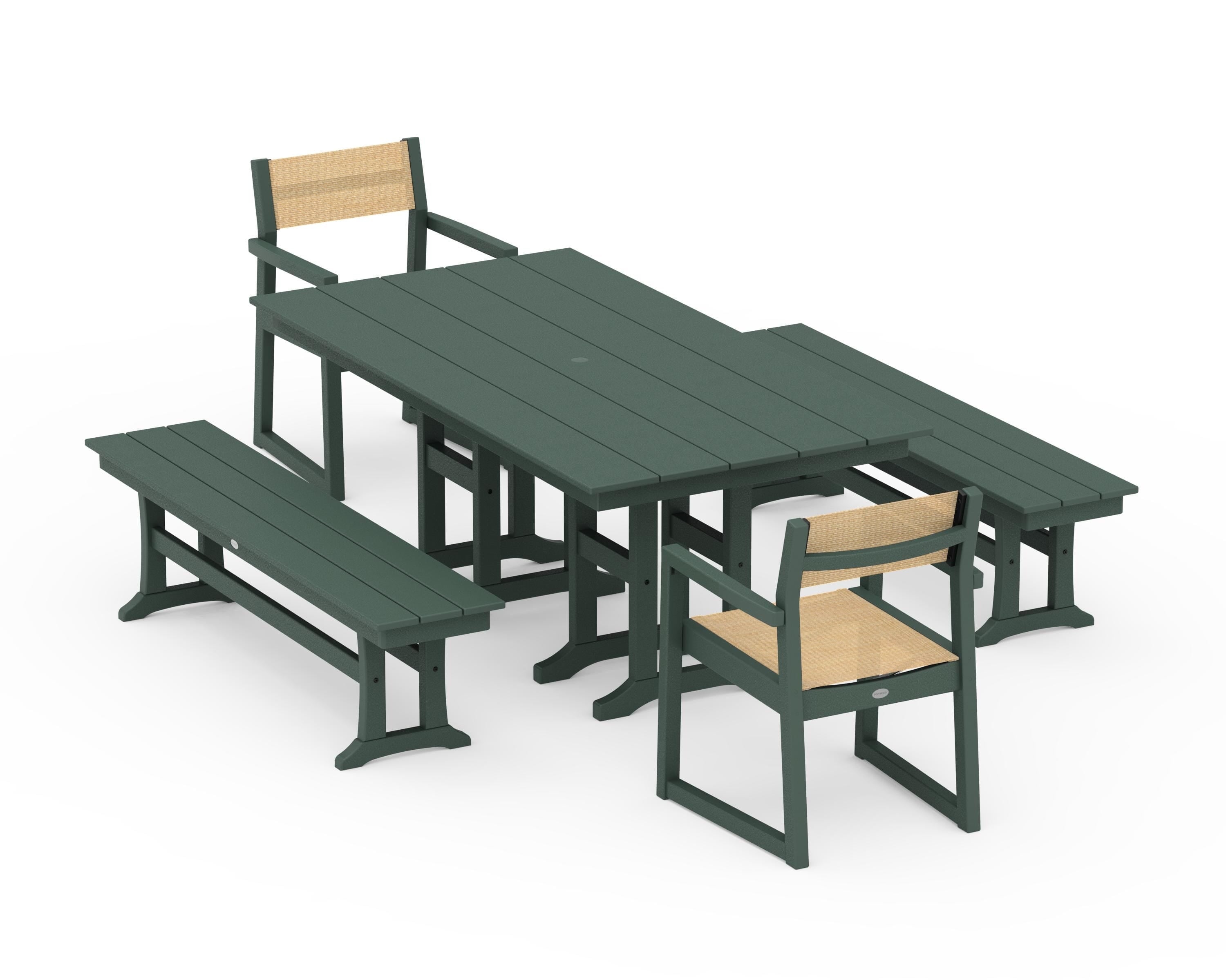 POLYWOOD® EDGE Sling Arm Chair 5-Piece Farmhouse Dining Set with Benches in Green / Dupioni Apricot Sling