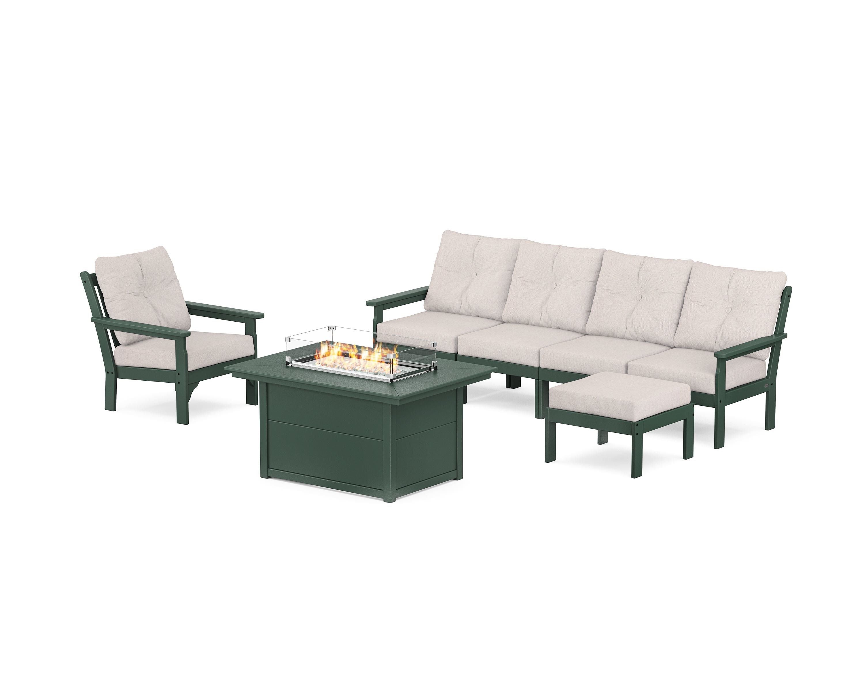 POLYWOOD® Vineyard Sectional Lounge and Fire Pit Set in Green / Dune Burlap
