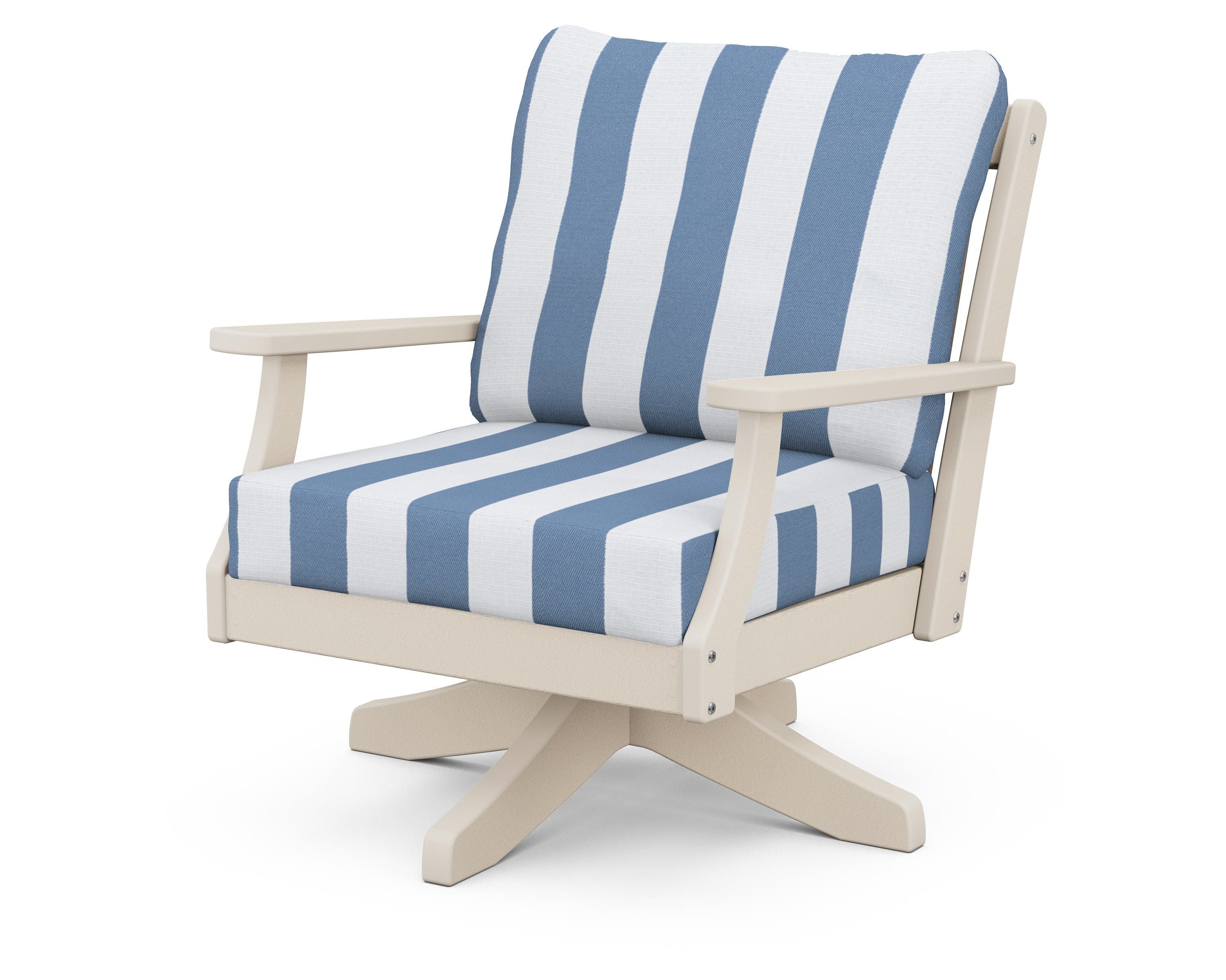 POLYWOOD® Braxton Deep Seating Swivel Chair in Sand / Cabana Stripe Sky Blue