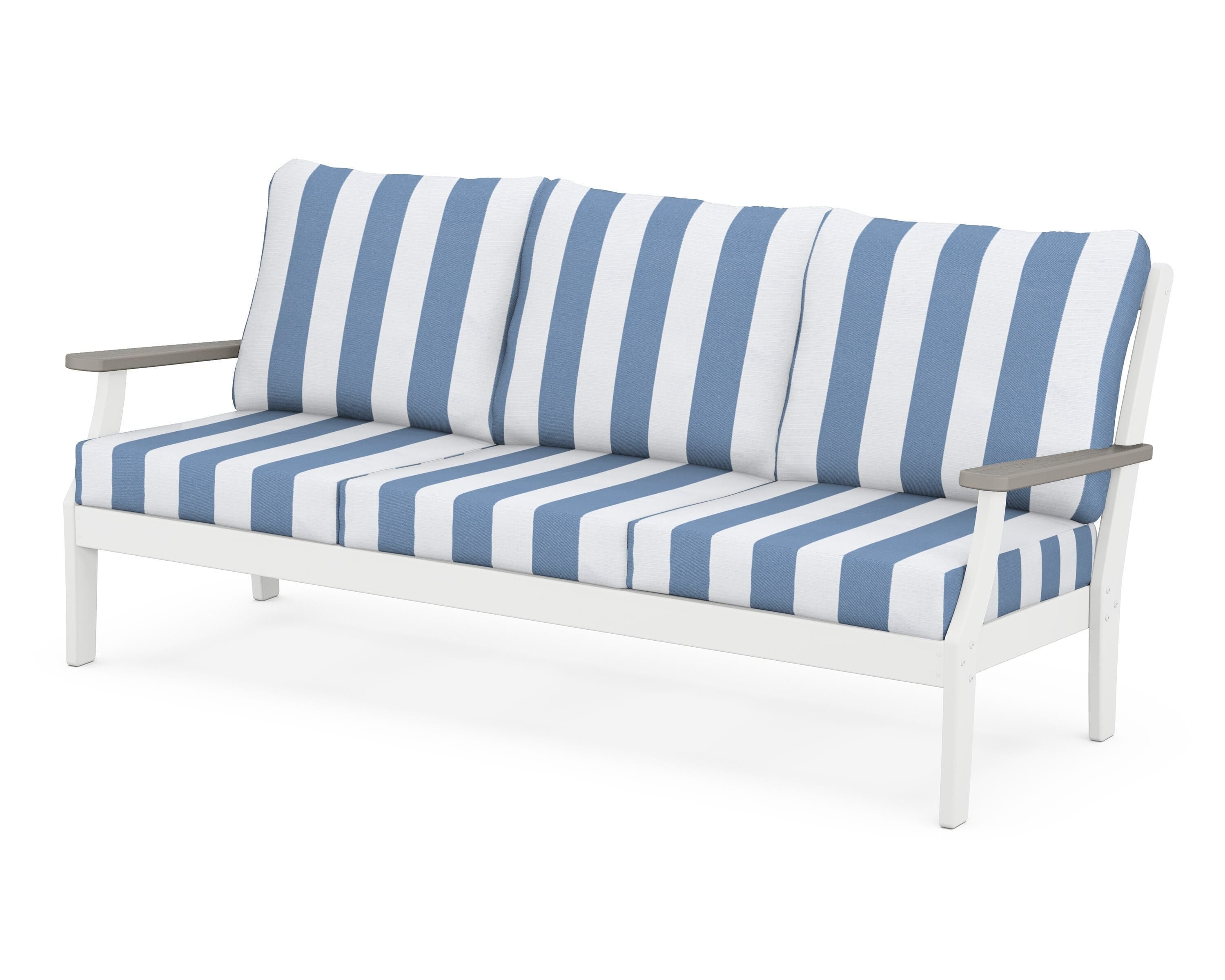 POLYWOOD® Braxton Deep Seating Sofa in White / Driftwood / Cabana Stripe Sky Blue