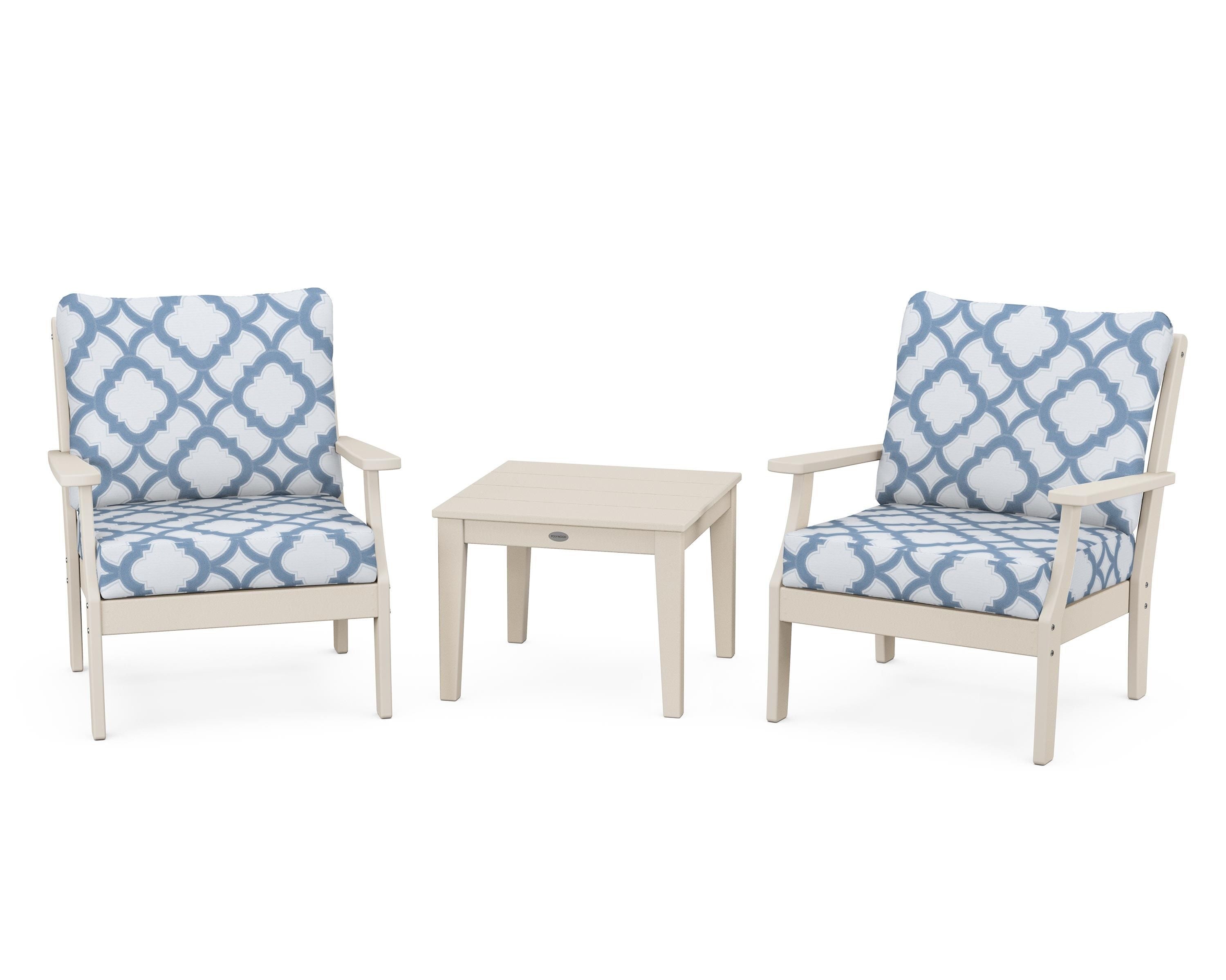 POLYWOOD® Braxton 3-Piece Deep Seating Set in Sand / Trellis Sky Blue