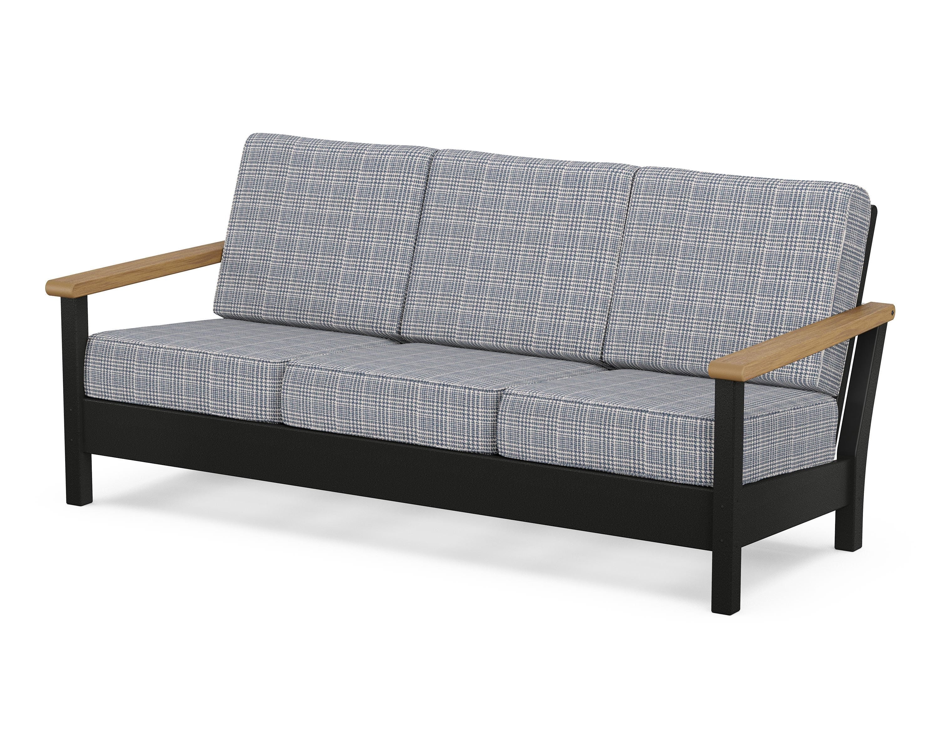 POLYWOOD® Harbour Deep Seating Sofa in Black / Natural / Houndstooth Sky Blue