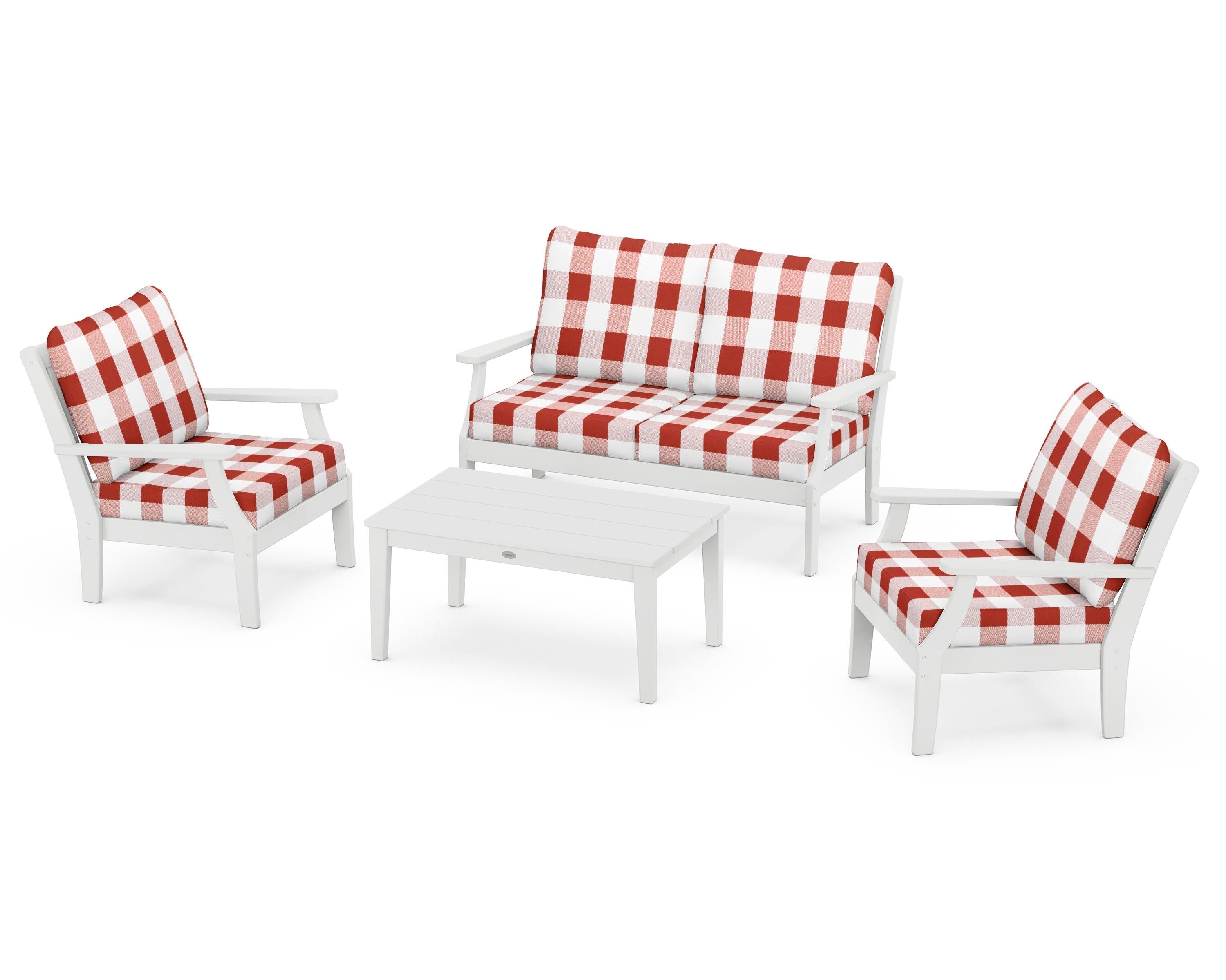 POLYWOOD® Braxton 4-Piece Deep Seating Chair Set in White / Buffalo Plaid Crimson