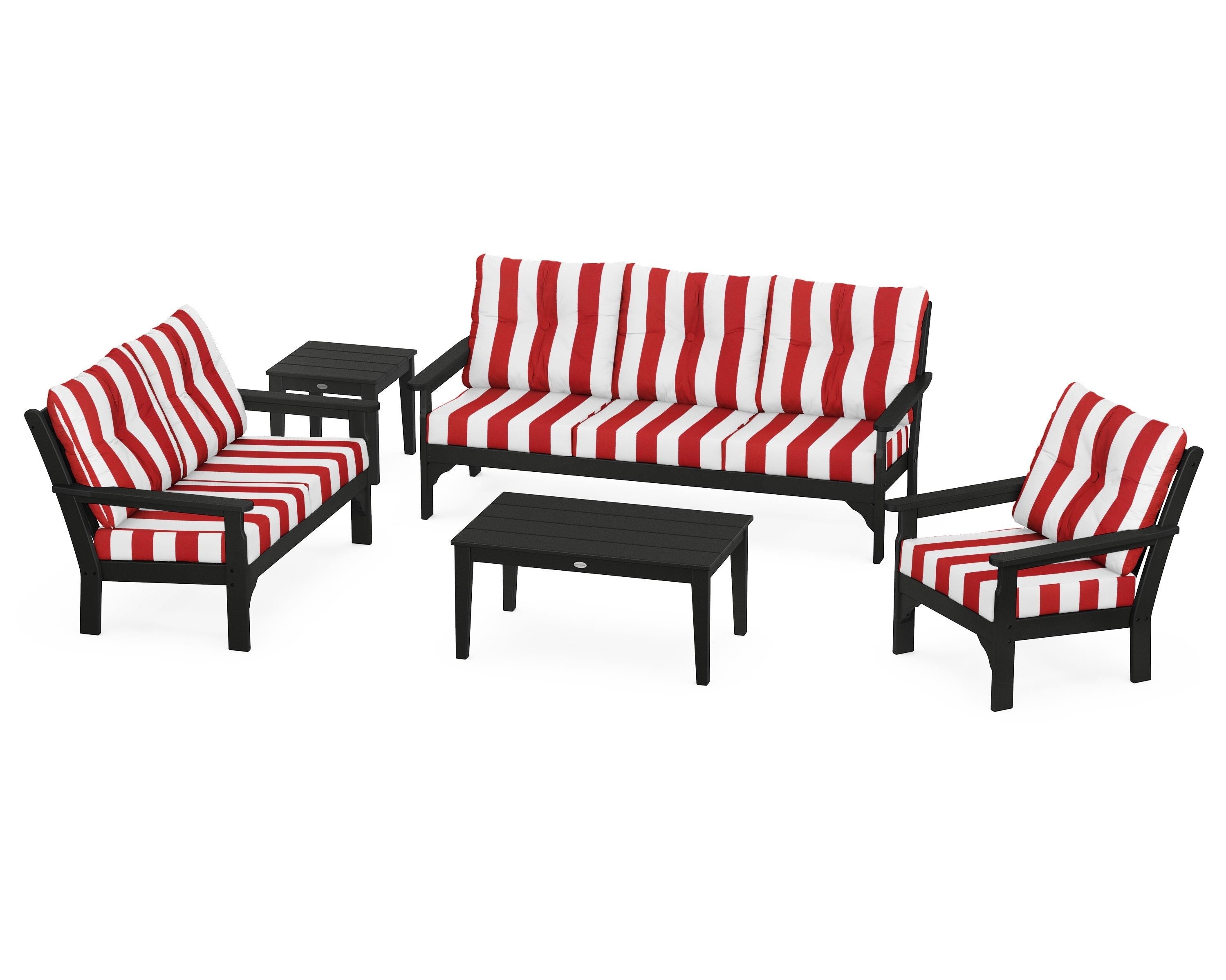 POLYWOOD® Vineyard 5 Piece Deep Seating Set in Black / Cabana Stripe Crimson