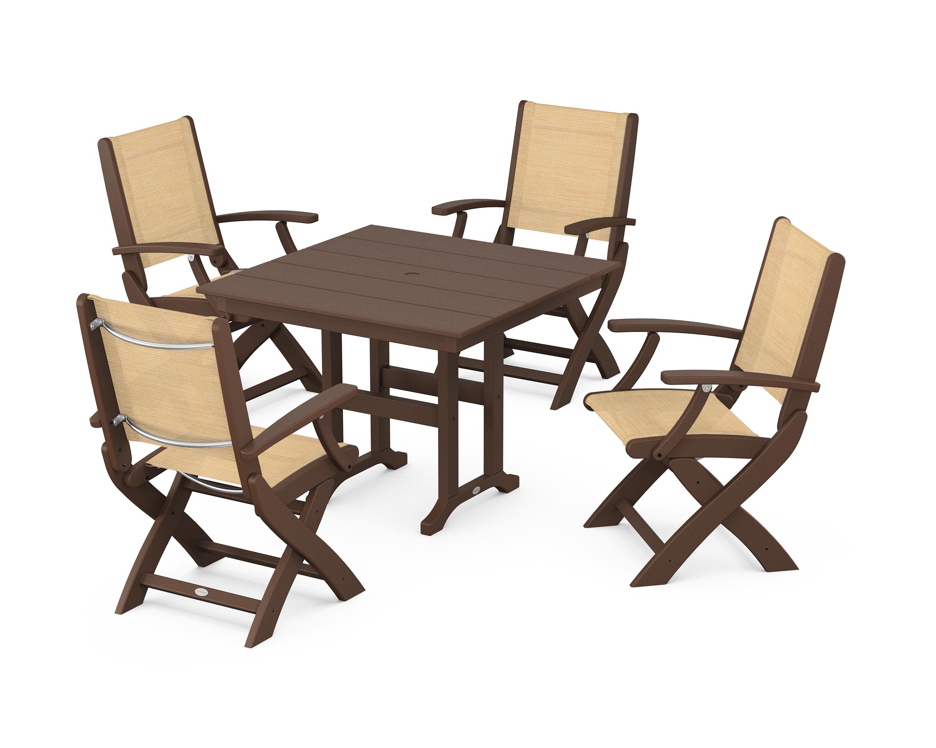 POLYWOOD® Coastal Folding Chair 5-Piece Farmhouse Dining Set in Mahogany / Dupioni Apricot Sling
