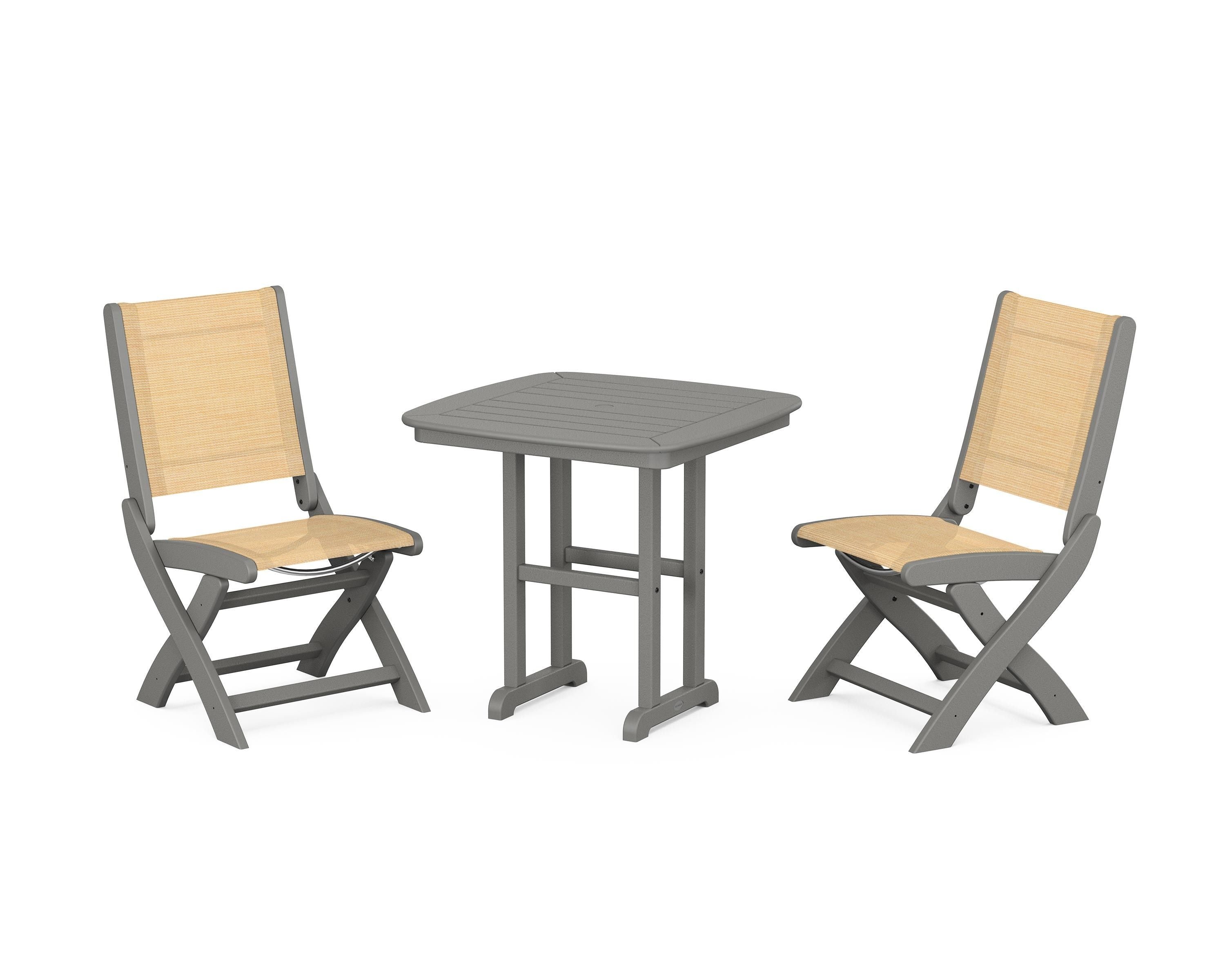 POLYWOOD® Coastal Folding Side Chair 3-Piece Dining Set in Slate Grey / Dupioni Apricot Sling