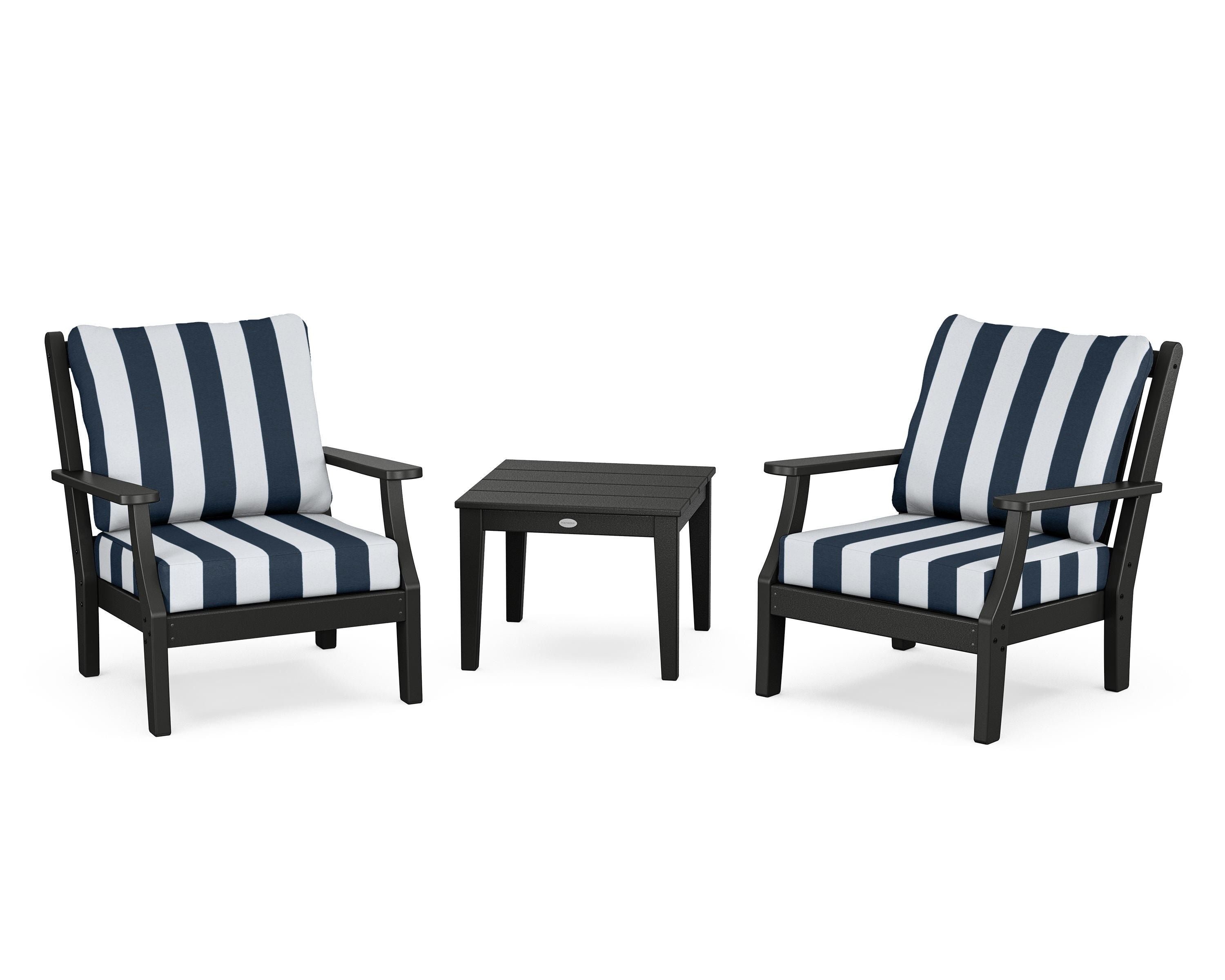 Country Living Wovendale 3-Piece Deep Seating Set in Black / Cabana Stripe Marine Indigo