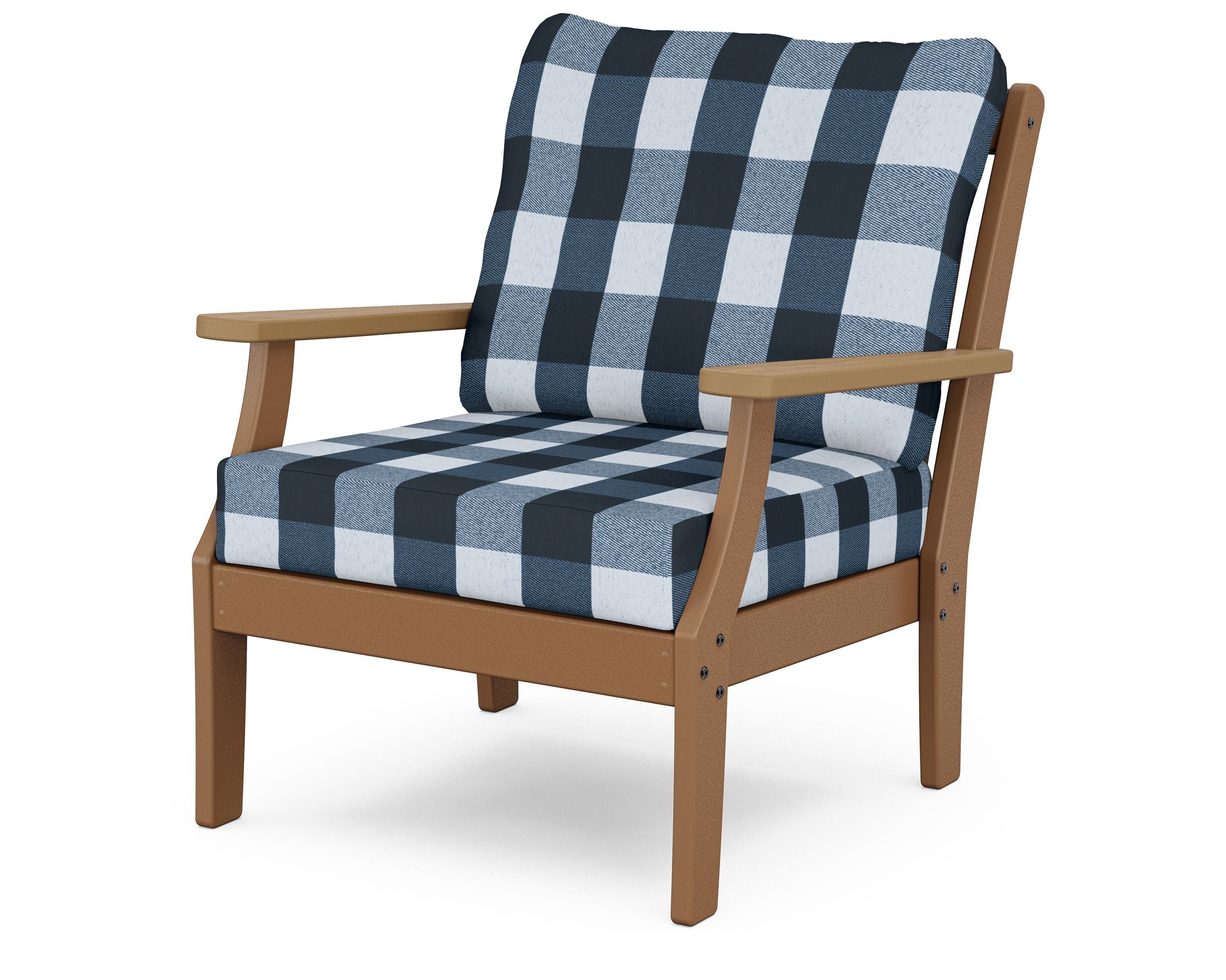POLYWOOD® Braxton Deep Seating Chair in Teak / Natural / Buffalo Plaid Marine Indigo