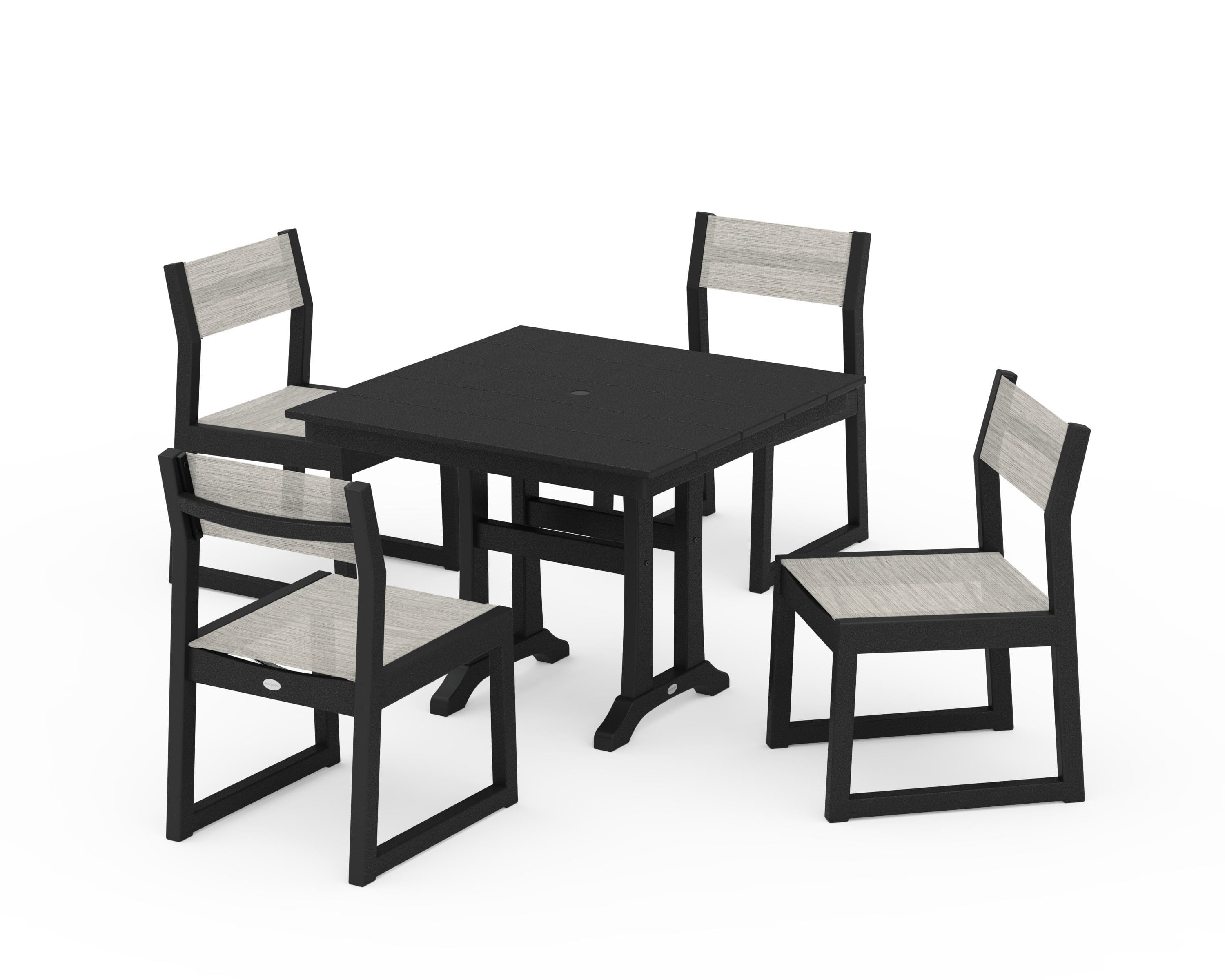 POLYWOOD® EDGE Sling 5-Piece Farmhouse Trestle Side Chair Dining Set in Black / Birch Sling